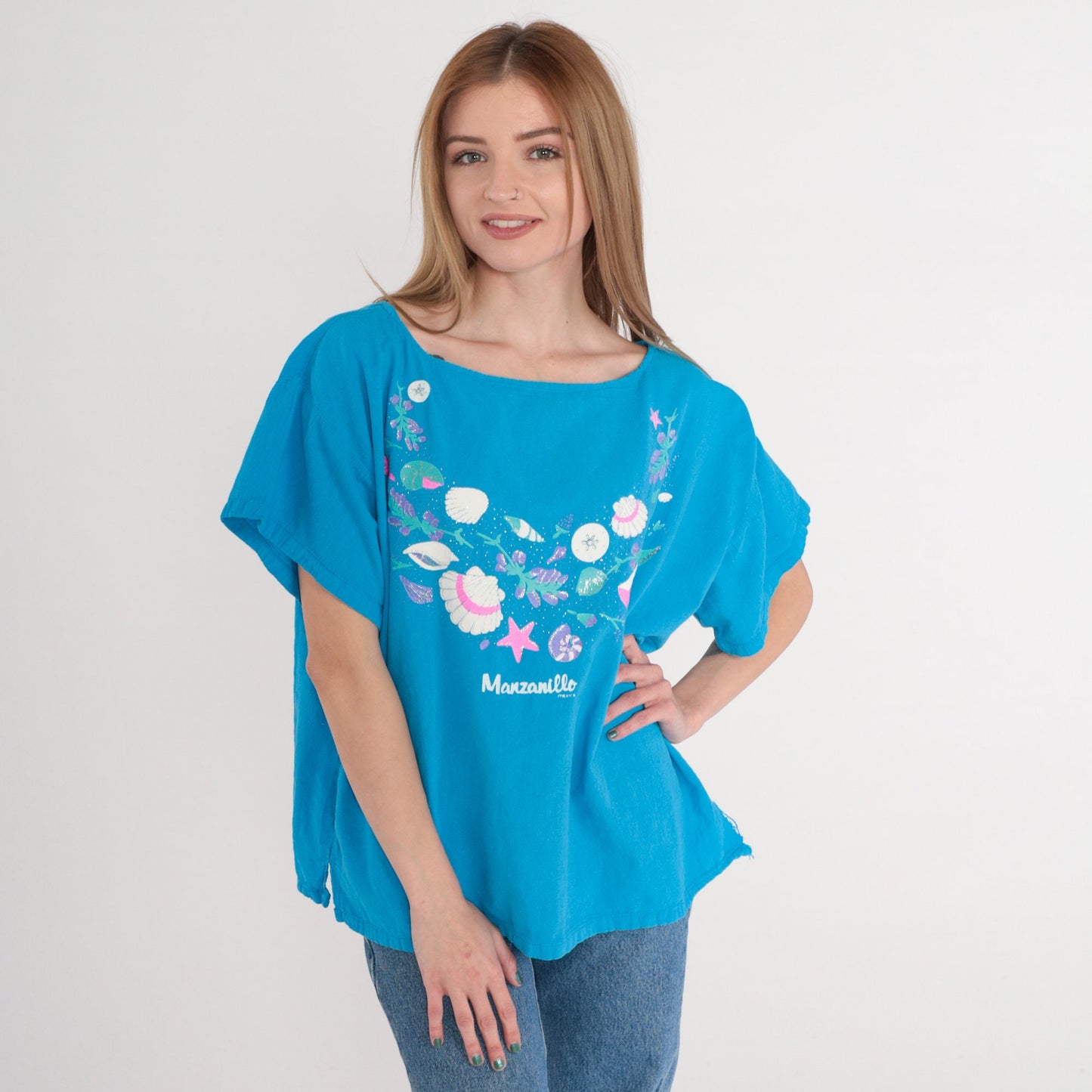 90s Manzanillo Mexico Blue Seashell Starfish Glitter Blouse Extra Large XL