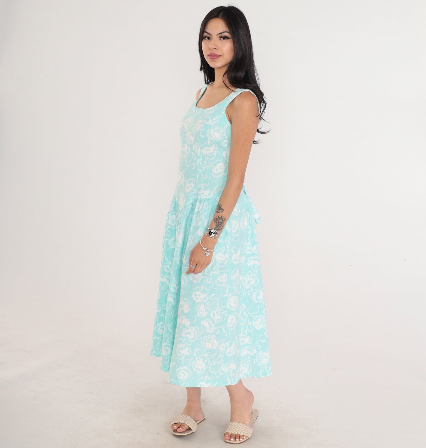 80s Joni Blair Floral Midi Sundress Light Aqua Cotton Basque Waist Small