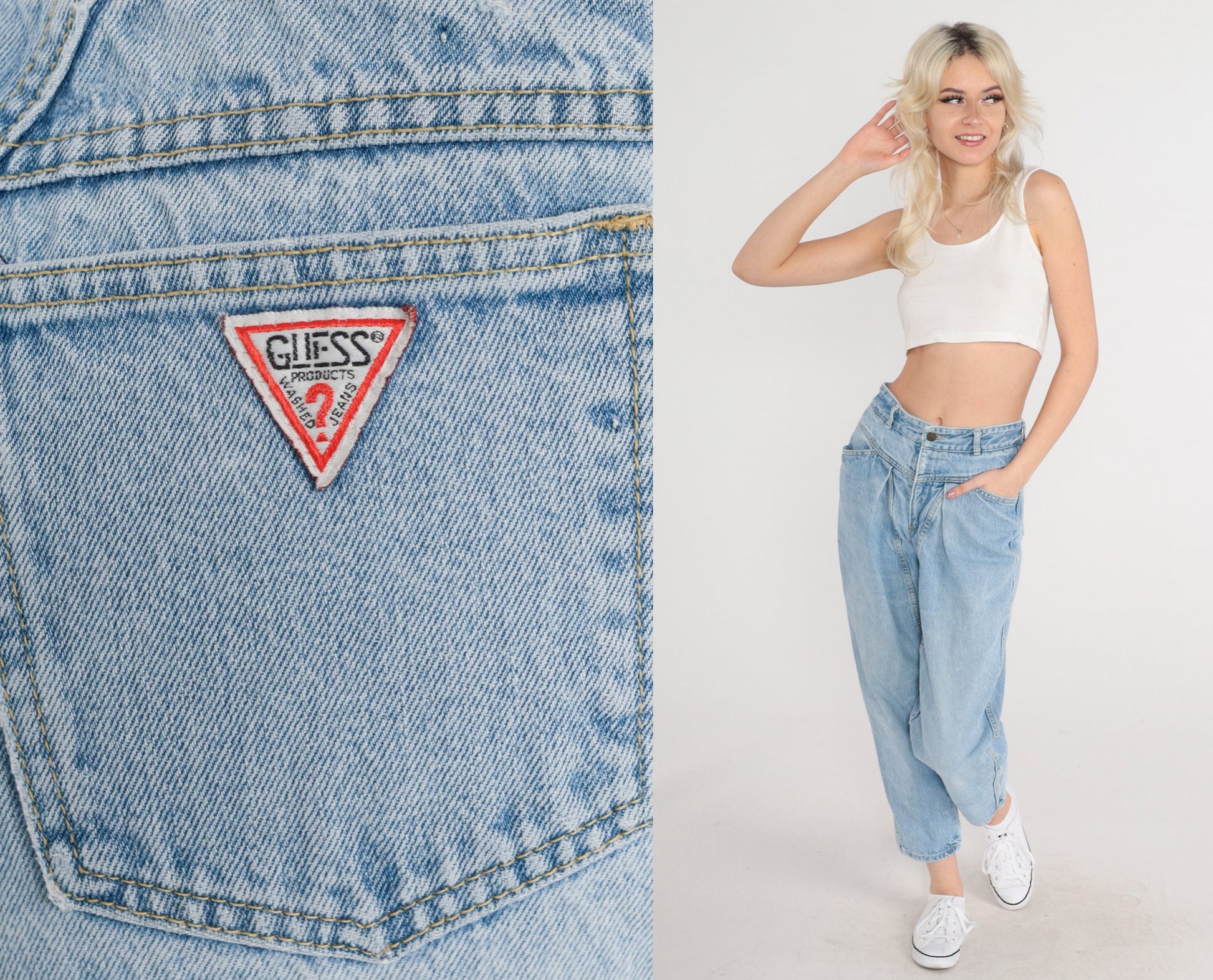 90s Guess Georges Marciano Pleated High-Waist Mom Jeans Tapered Blue Small