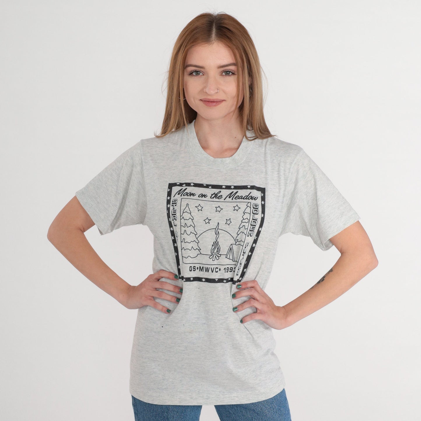 1993 Girl Scouts Moon on the Meadow Graphic Tee Grey Small