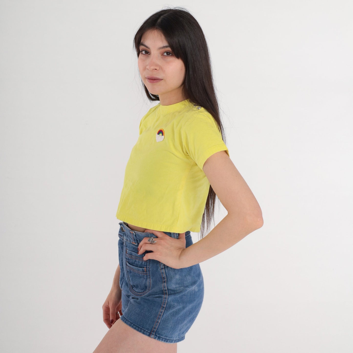 70s Yellow Crop Top Rainbow Patch Pearl Snap Shoulders XXS