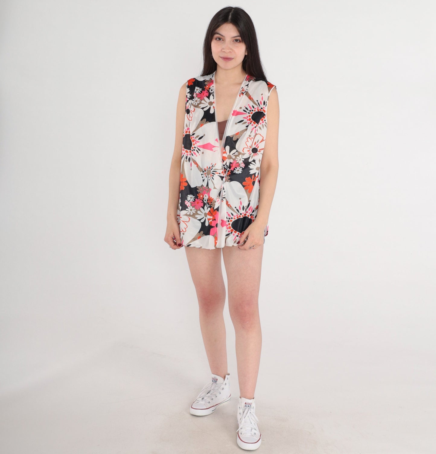 70s Floral Wrap Tank Top Sleeveless Blouse Multicolor Medium