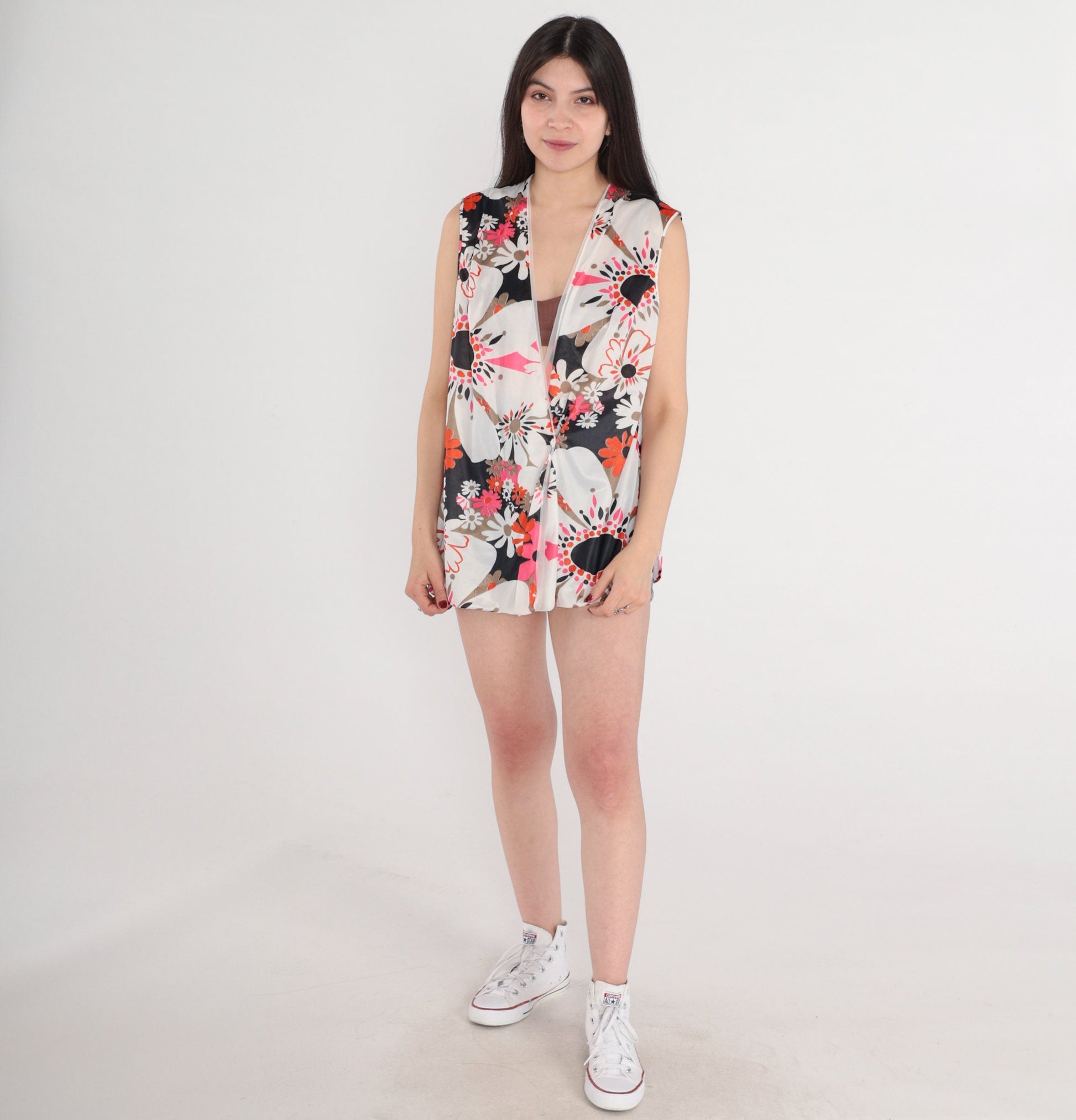 70s Floral Wrap Tank Top Sleeveless Blouse Multicolor Medium