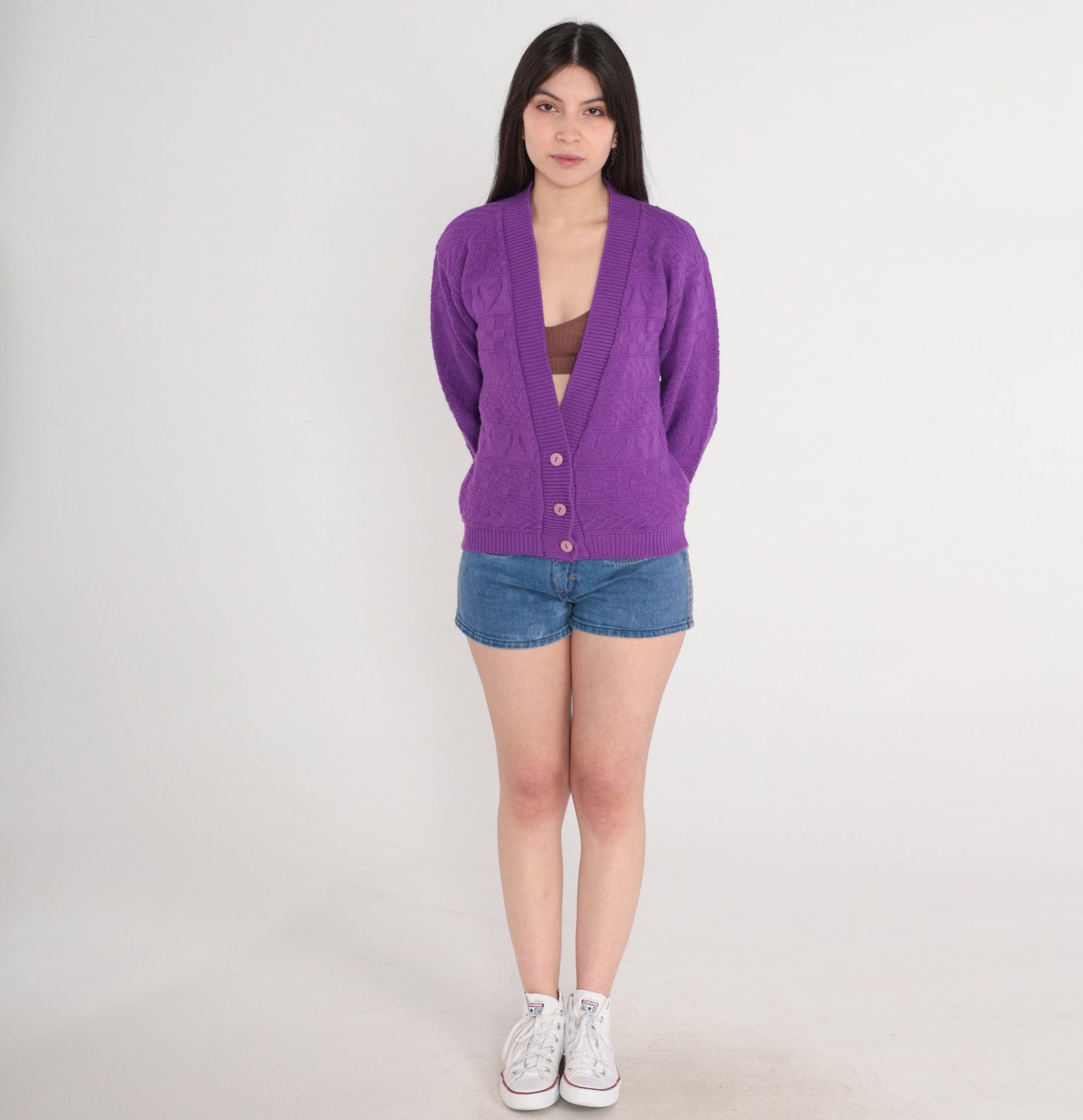 80s Purple Cardigan Textured Knit Button-Up Sweater Heart Chevron Small