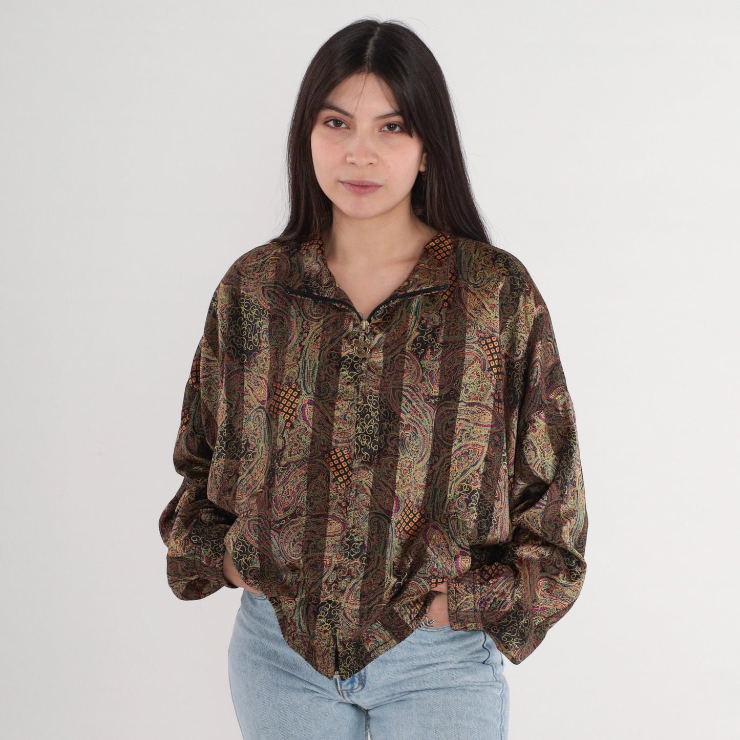 90s Paisley Striped Bomber Jacket Heart Zipper Windbreaker Medium M