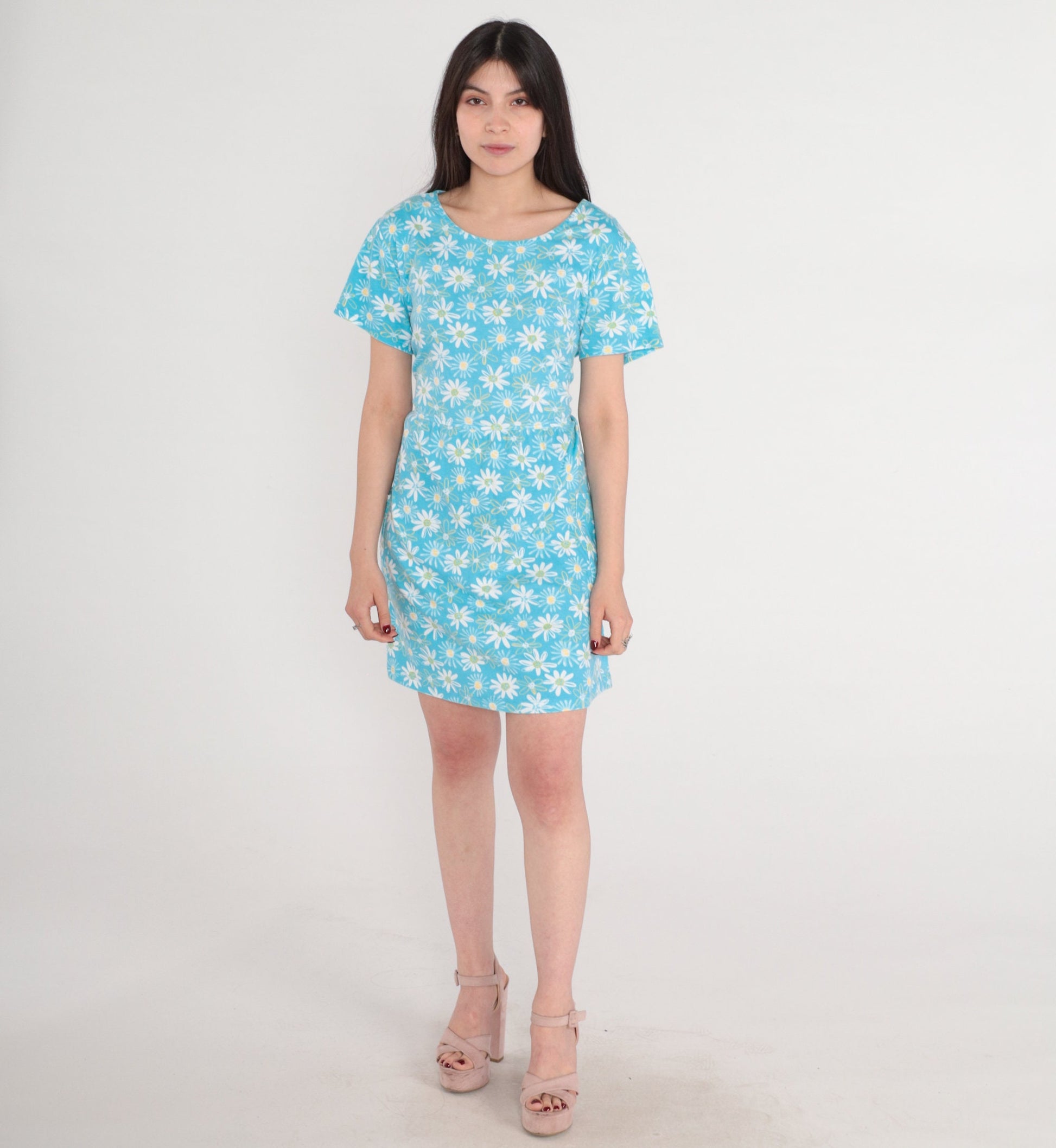90s Bobbie Brooks Daisy Floral Mini Dress Blue High Waisted Pockets Large