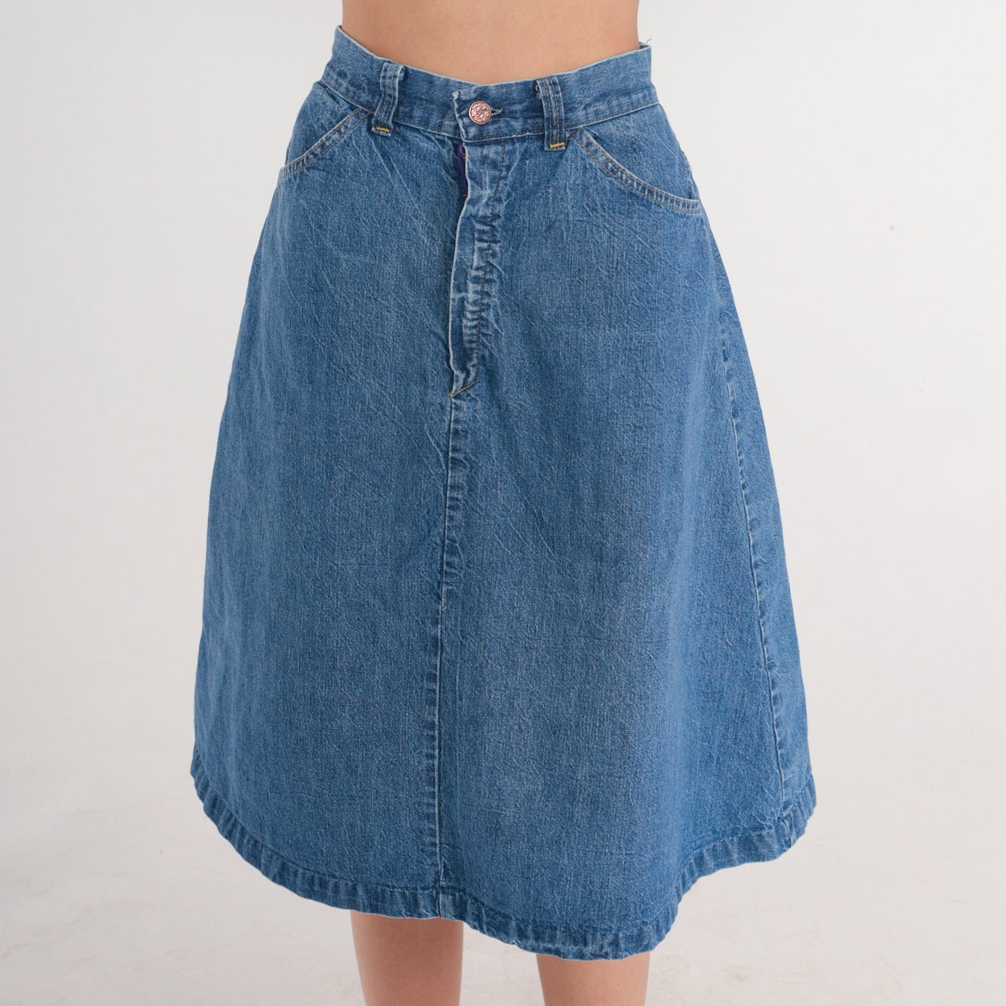 80s Blue Denim Midi Skirt A-Line High Waist Star Pocket Small