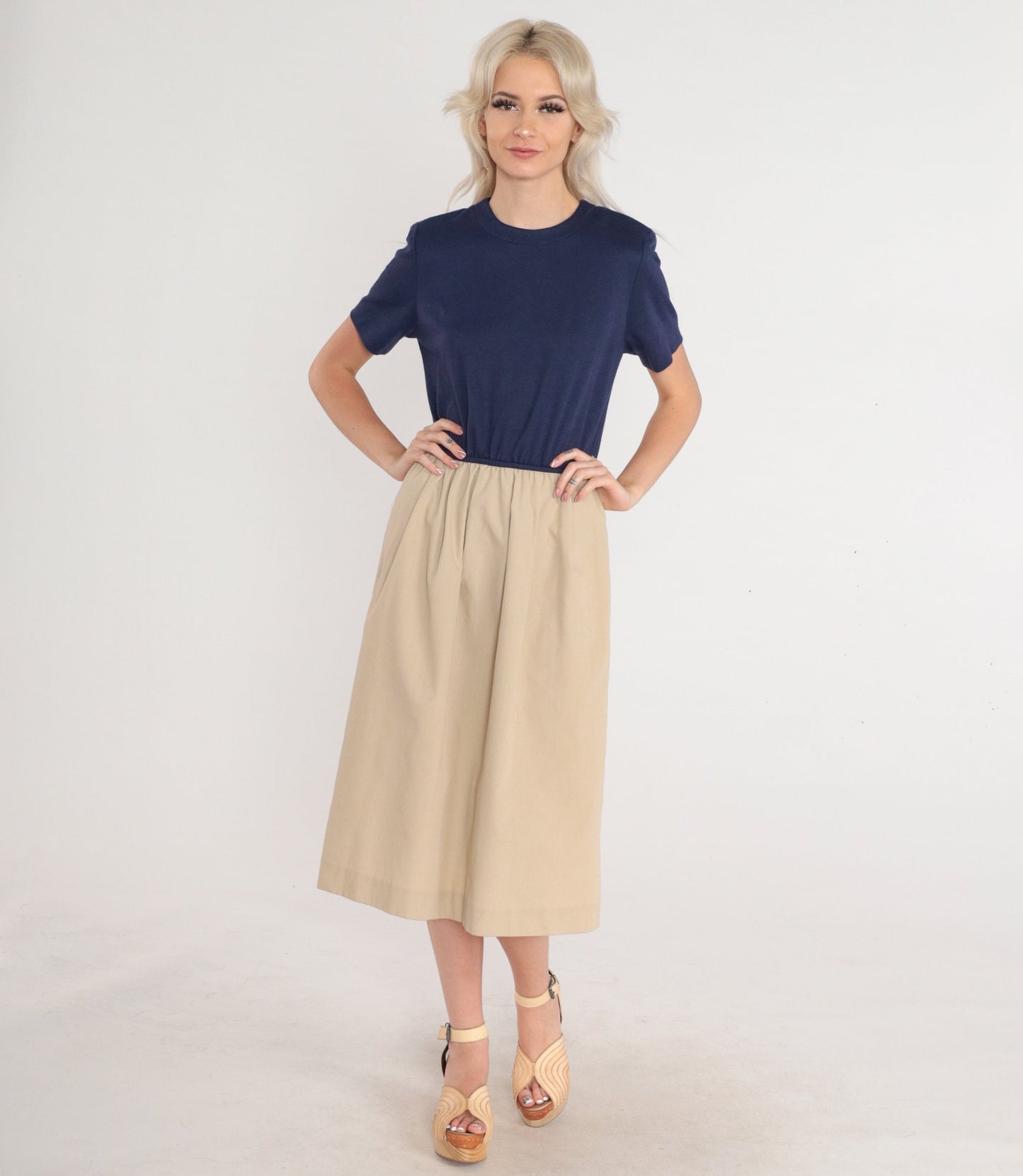 80s Colorblock Midi Dress Navy Tan High Waist Short Sleeve Medium