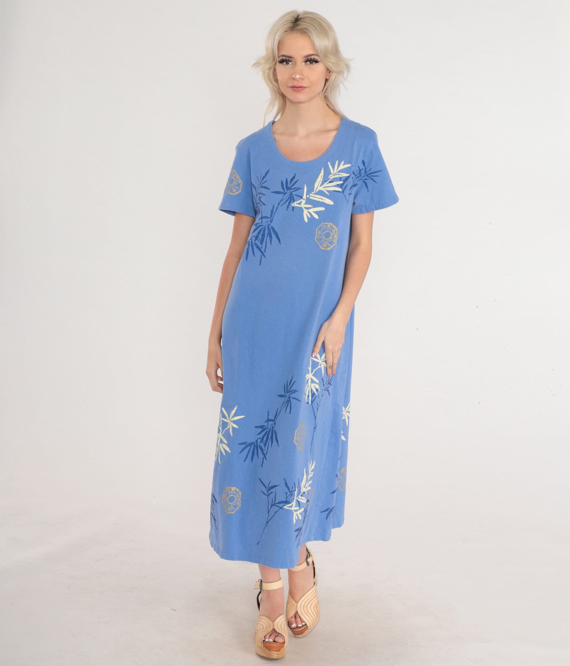 90s Bamboo Chinese Hanzi Print Cotton Midi Dress Blue Short Sleeve Large L