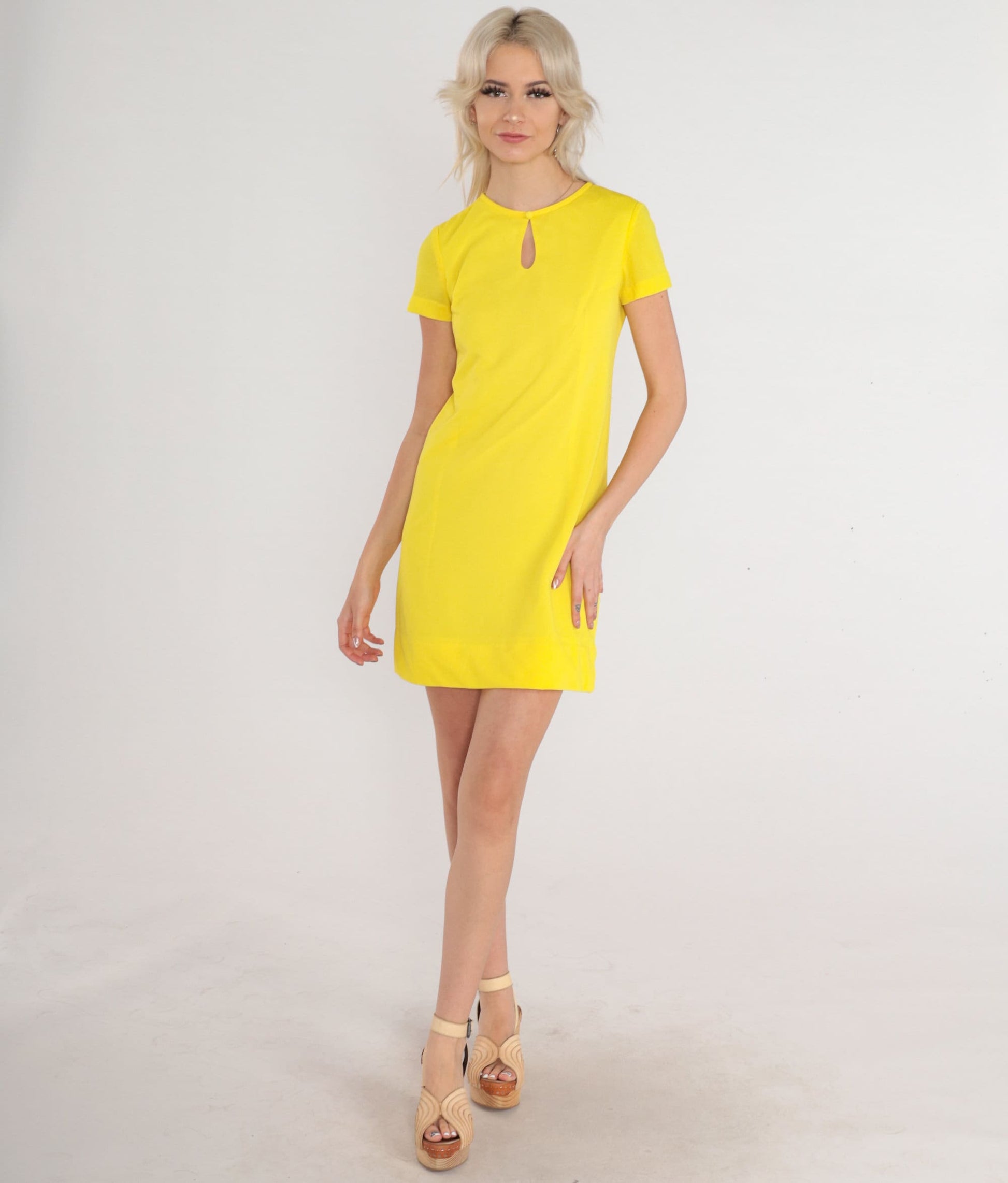 60s Lanz Original Yellow Keyhole Shift Mini Dress Small