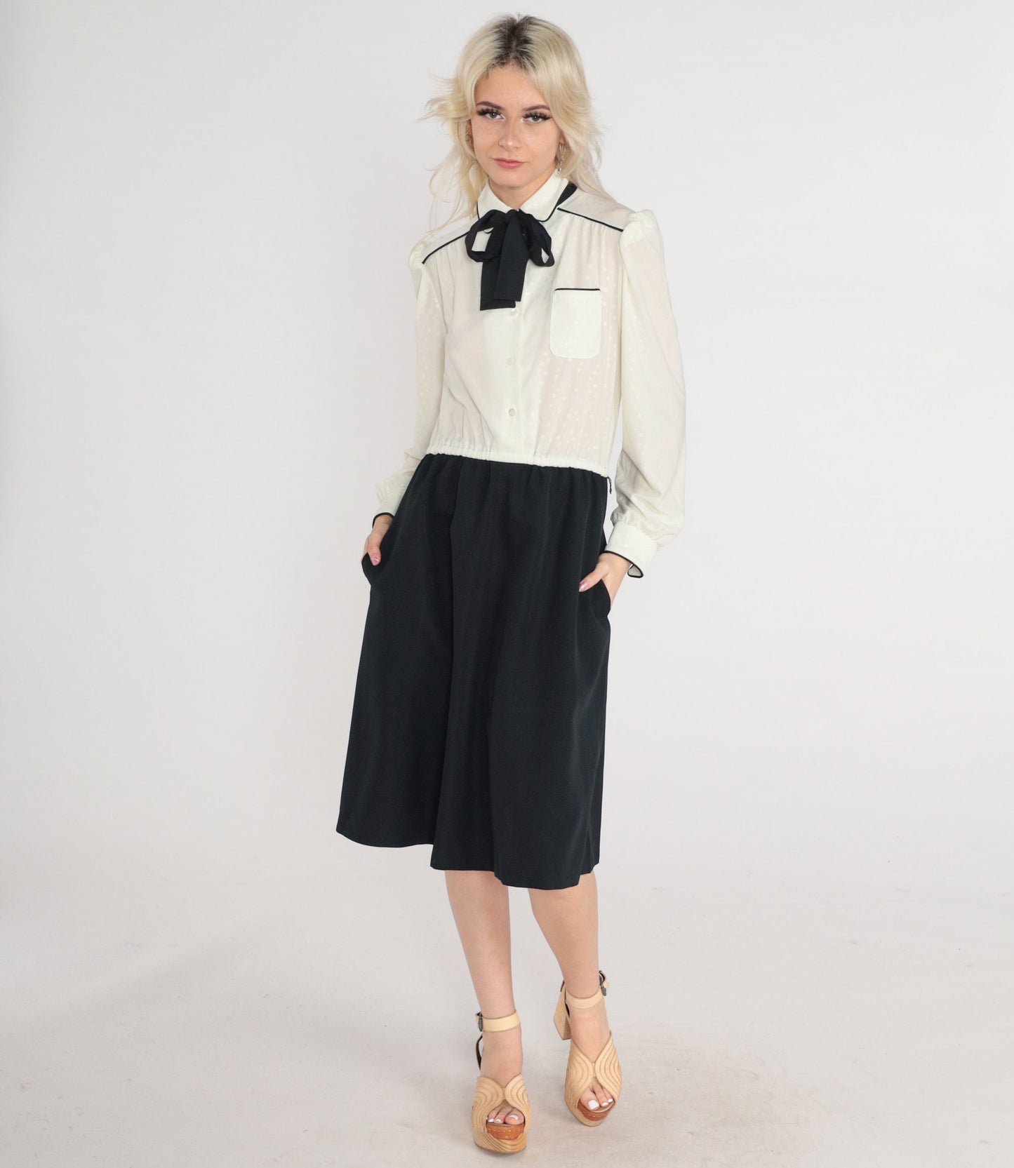 80s Black Off-White Polka Dot Puff Sleeve Mini Shirtdress Ascot Tie Small