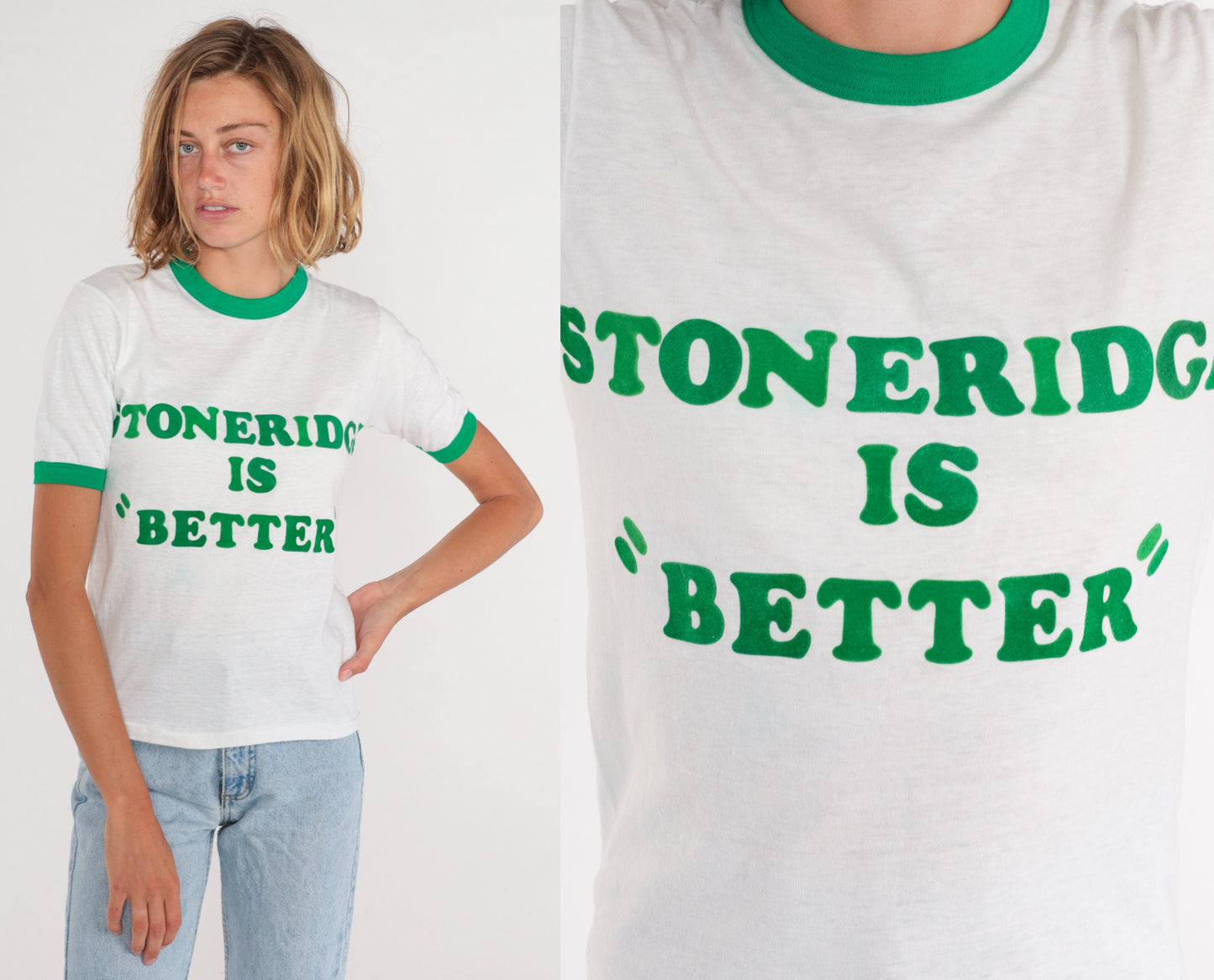 80s Stoneridge is Better Ringer Tee White Green Graphic T-Shirt Extra Small