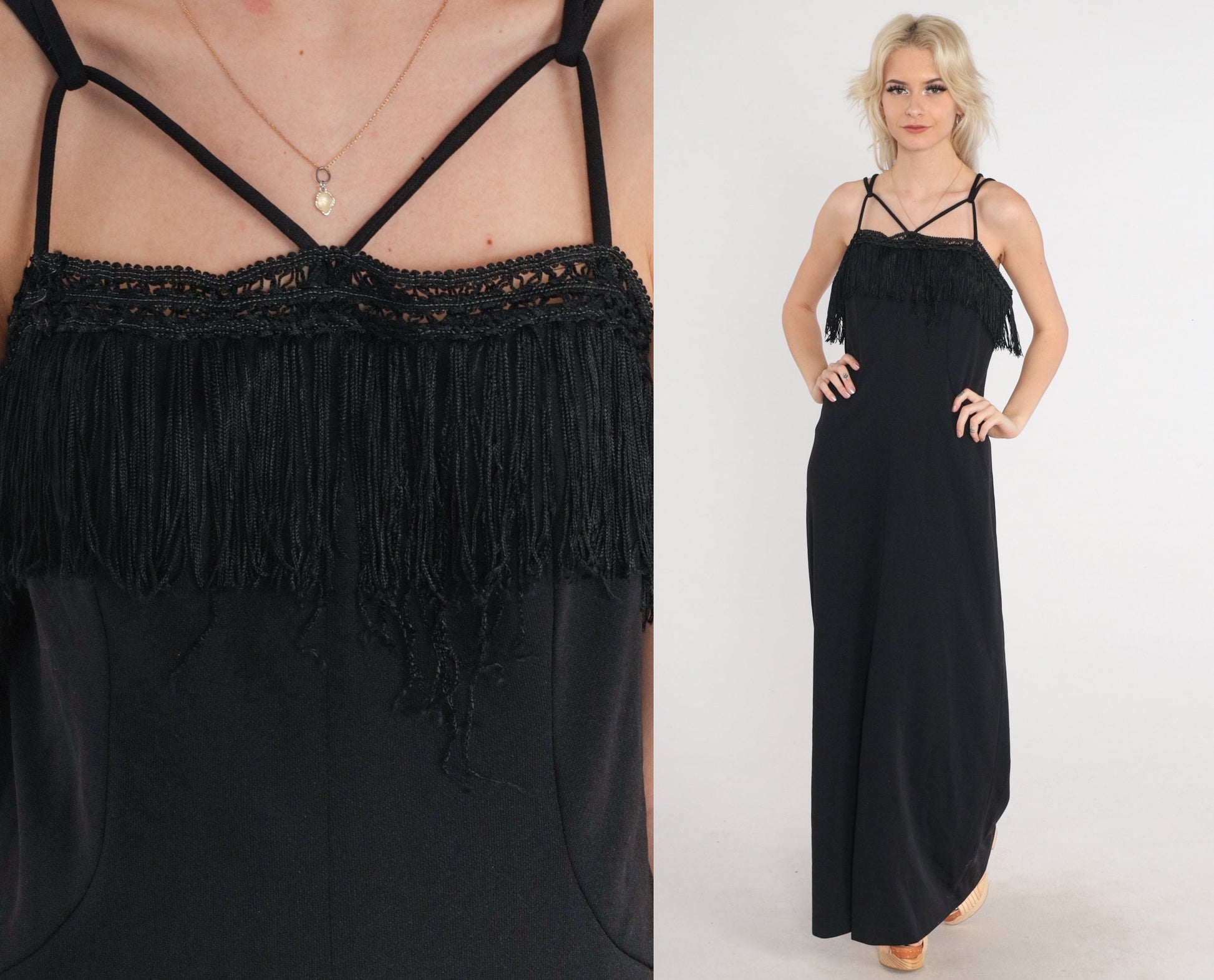 70s Black Fringe Maxi Dress Criss Cross Straps Crochet Lace Medium