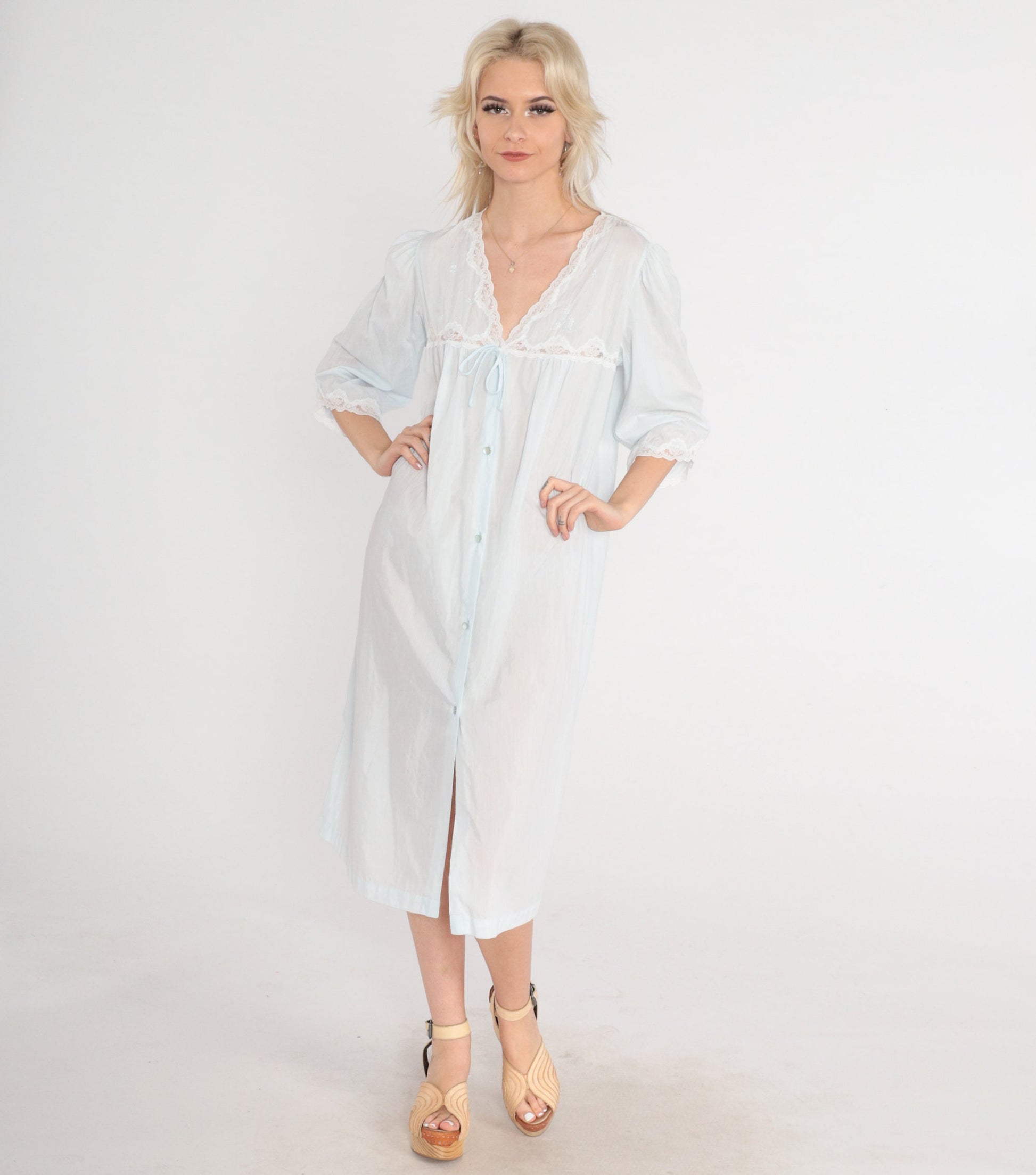 90s Pastel Blue Lace Nightgown Semi-Sheer Button-Front Midi Nightie Large L