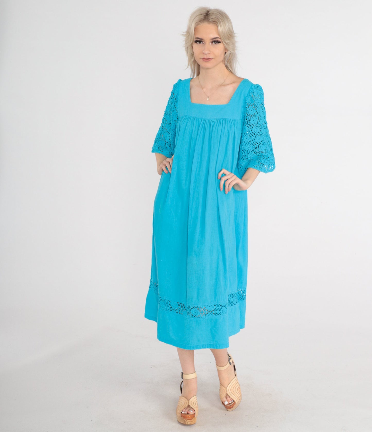 90s Turquoise Cotton Midi Dress Cutout Lace Bell Sleeve Tent Cut Medium M