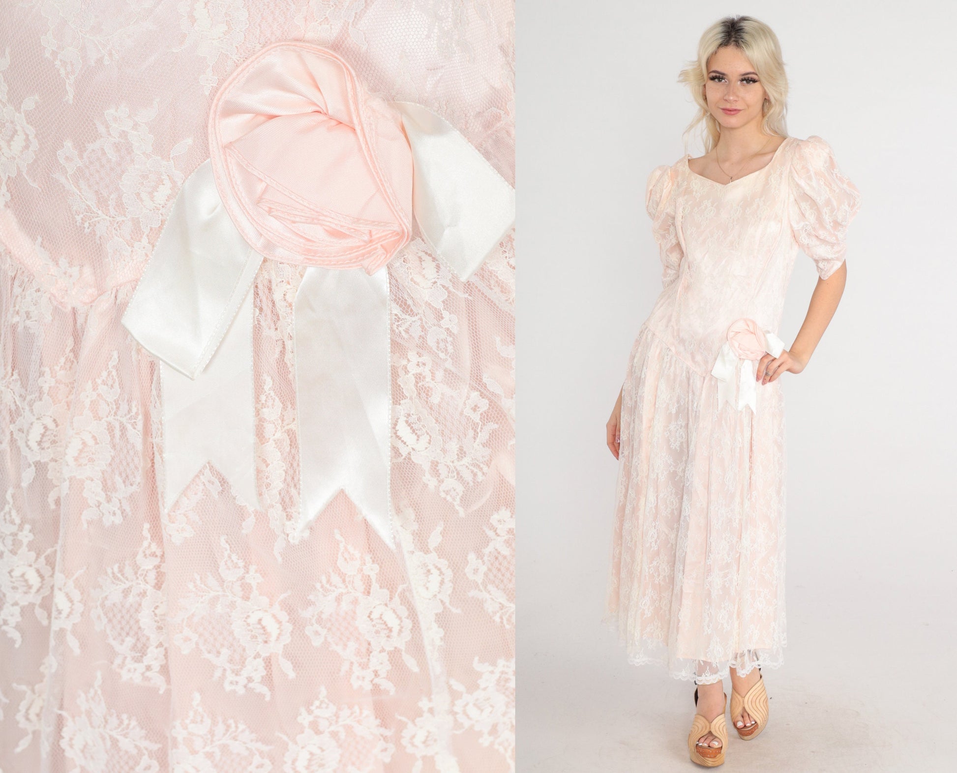 80s Gunne Sax Midi Dress Pink Lace Puff Sleeve Basque Waist Medium