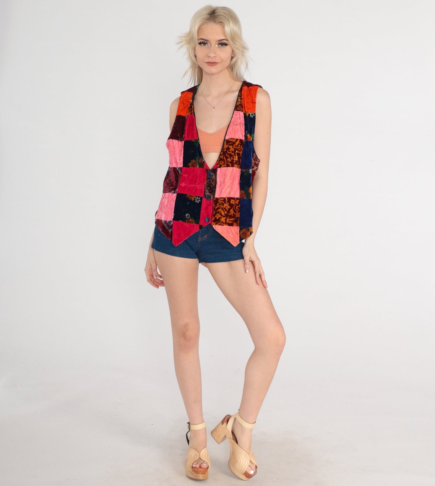70s Velvet Patchwork Floral Button-Up Vest Pink Red Blue Medium M