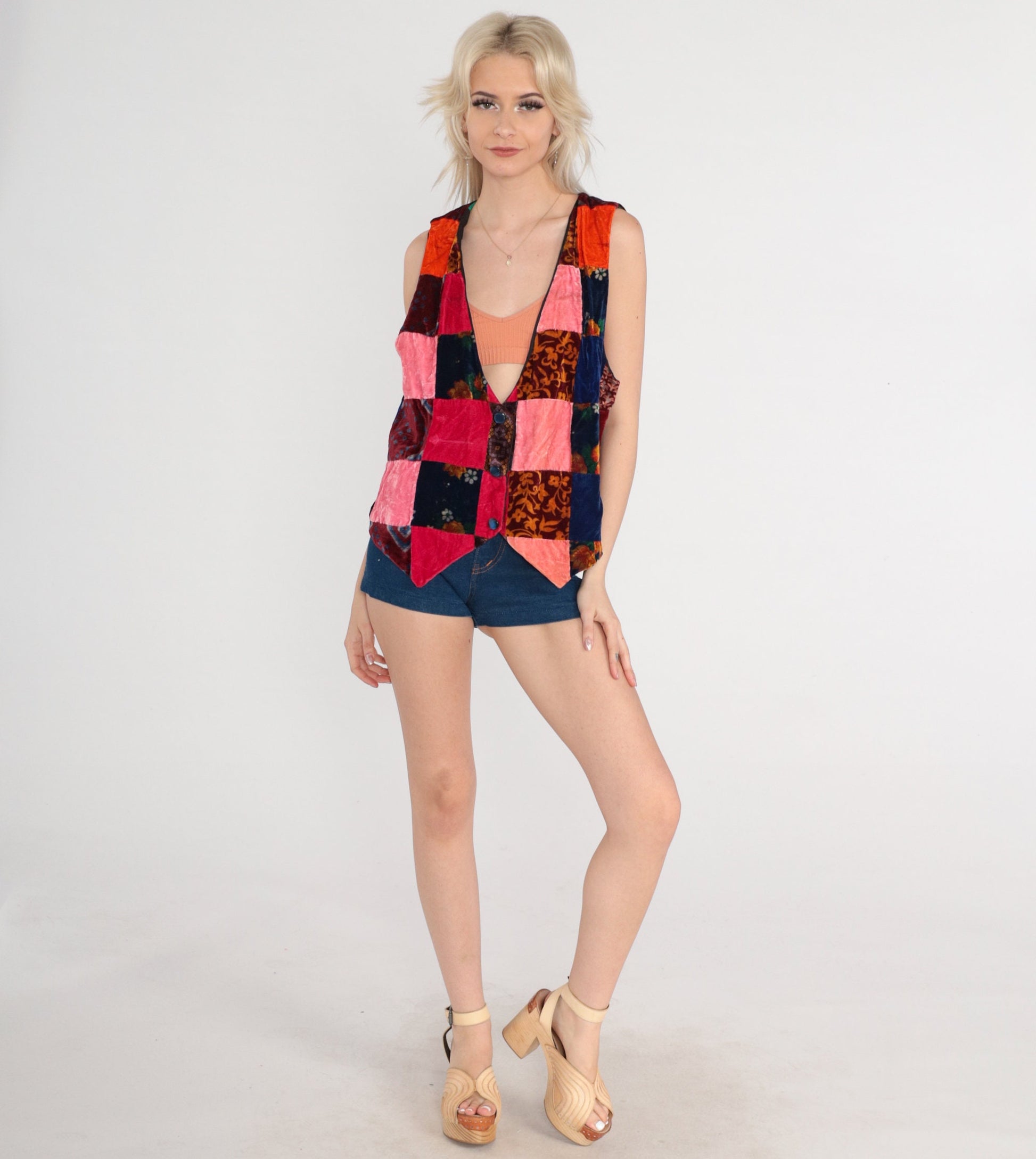 70s Velvet Patchwork Floral Button-Up Vest Pink Red Blue Medium M