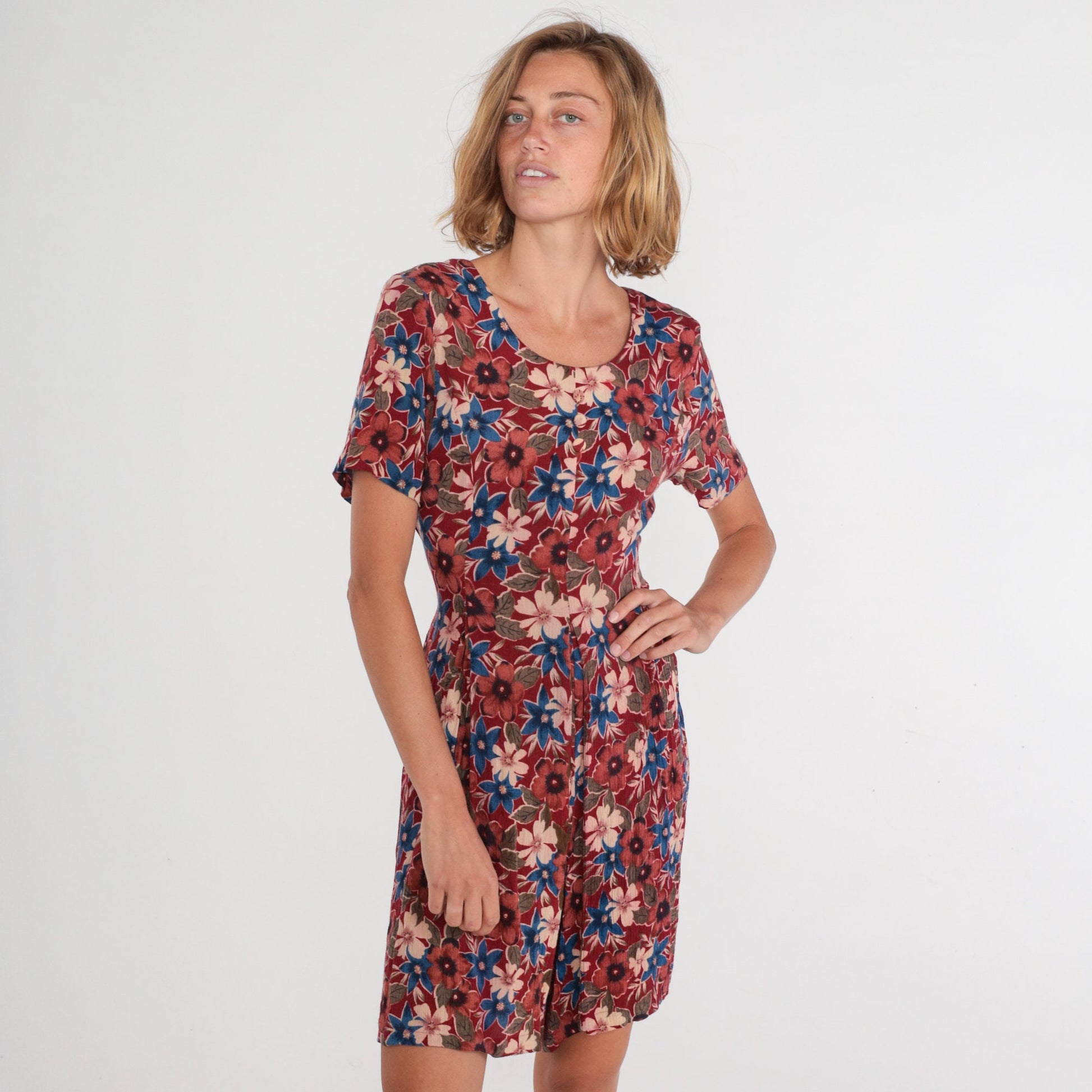 90s Karen Scott Red Floral Button-Up Romper Knee-Length Small S