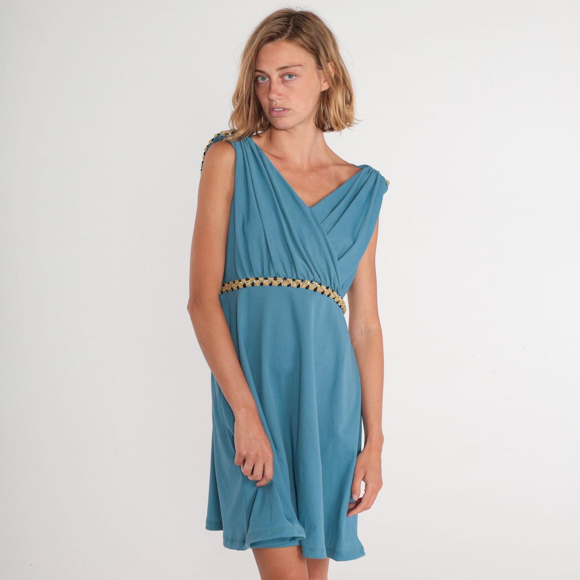 70s Blue Grecian Mini Dress Empire Waist Draped Cape Back Large