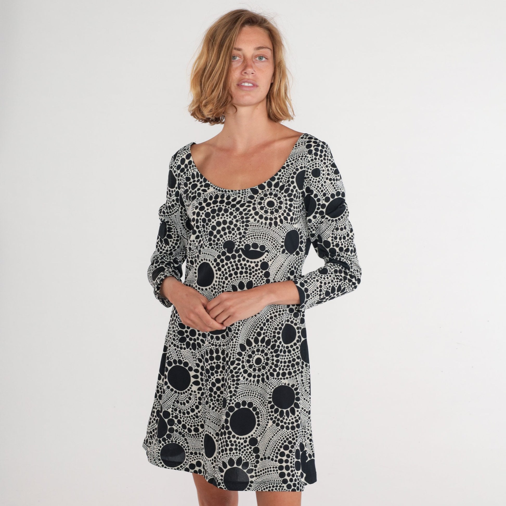 70s Mod Mini Dress Black White Abstract Dot Print Long Sleeve Medium