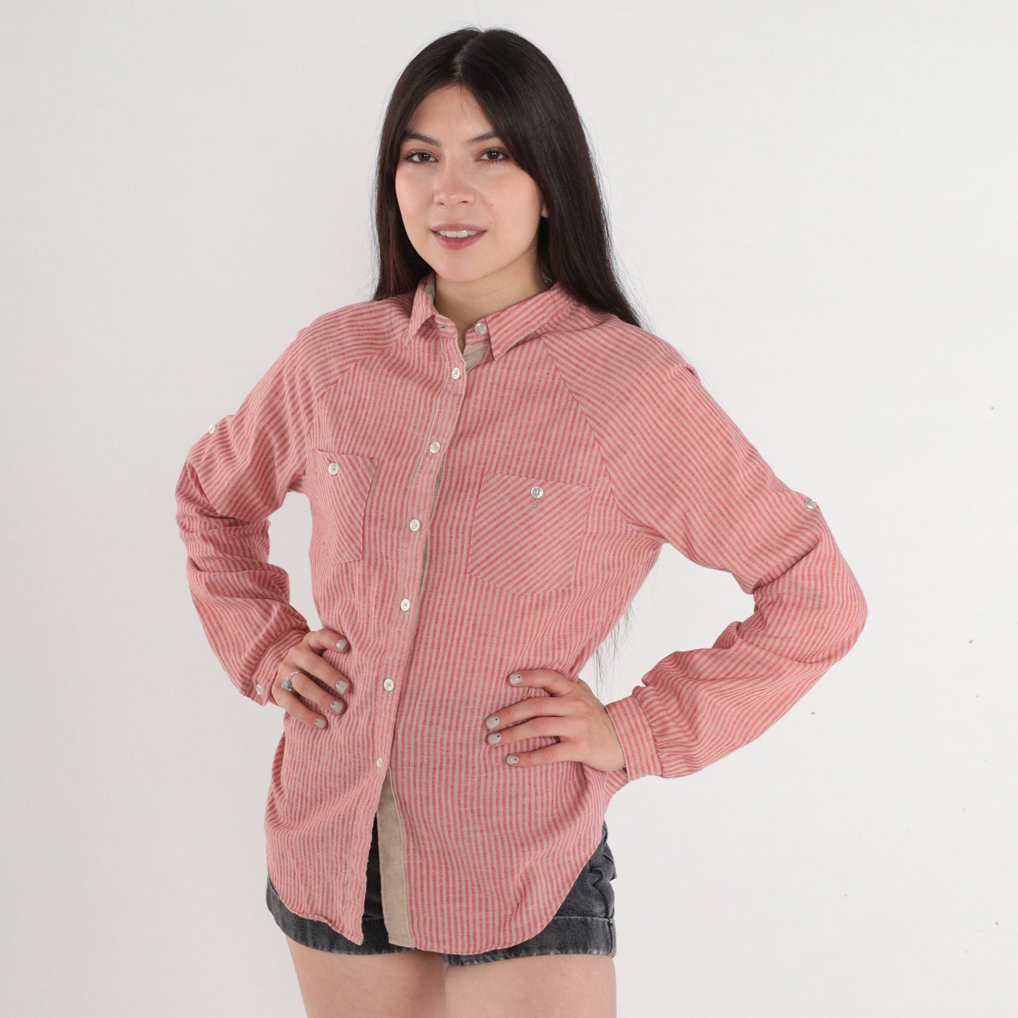 80s Striped Button-Up Blouse Red Tan Raglan Roll-Tab Cuff Small