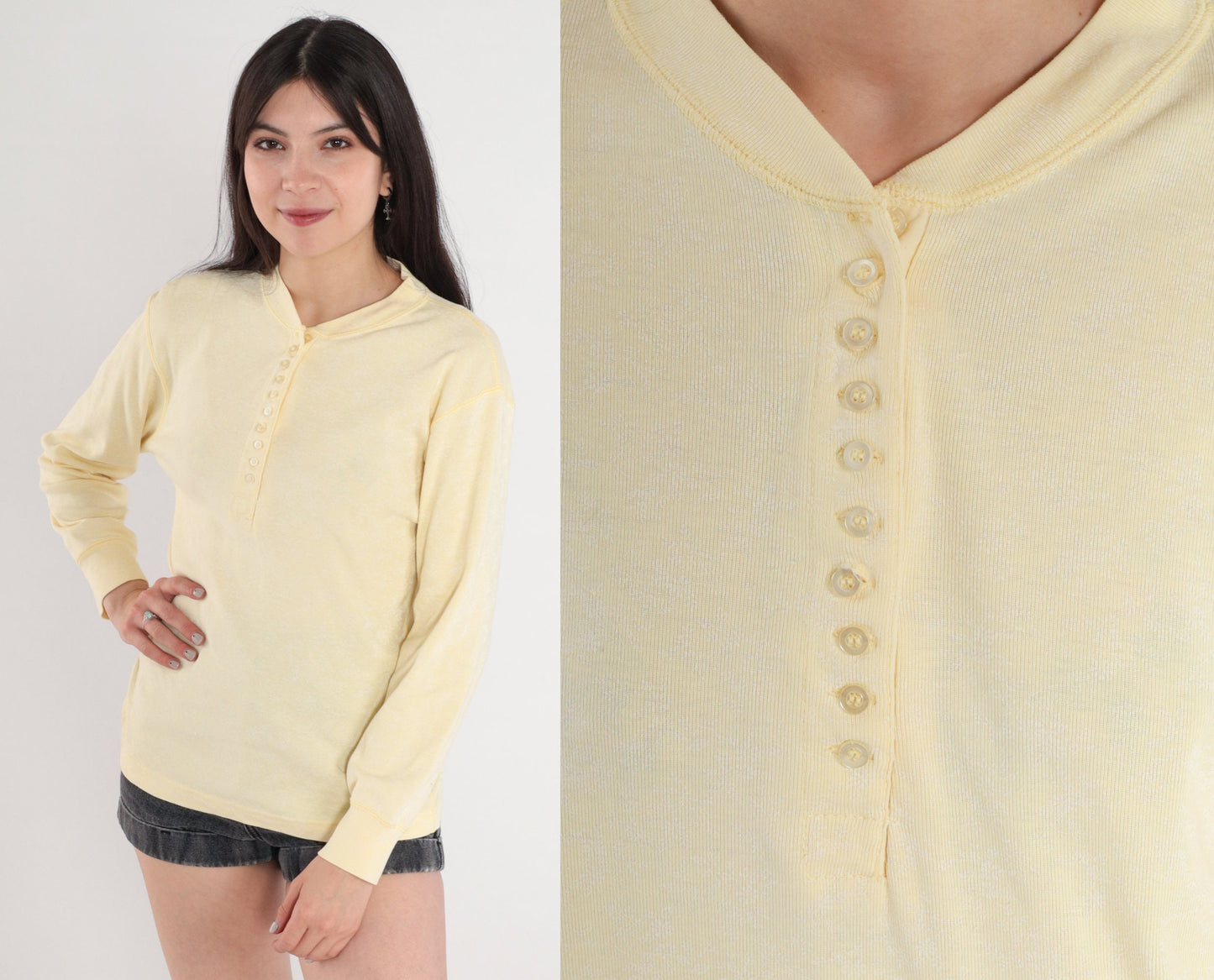 80s Pale Yellow Henley Floral Print Long Sleeve Shirt Medium