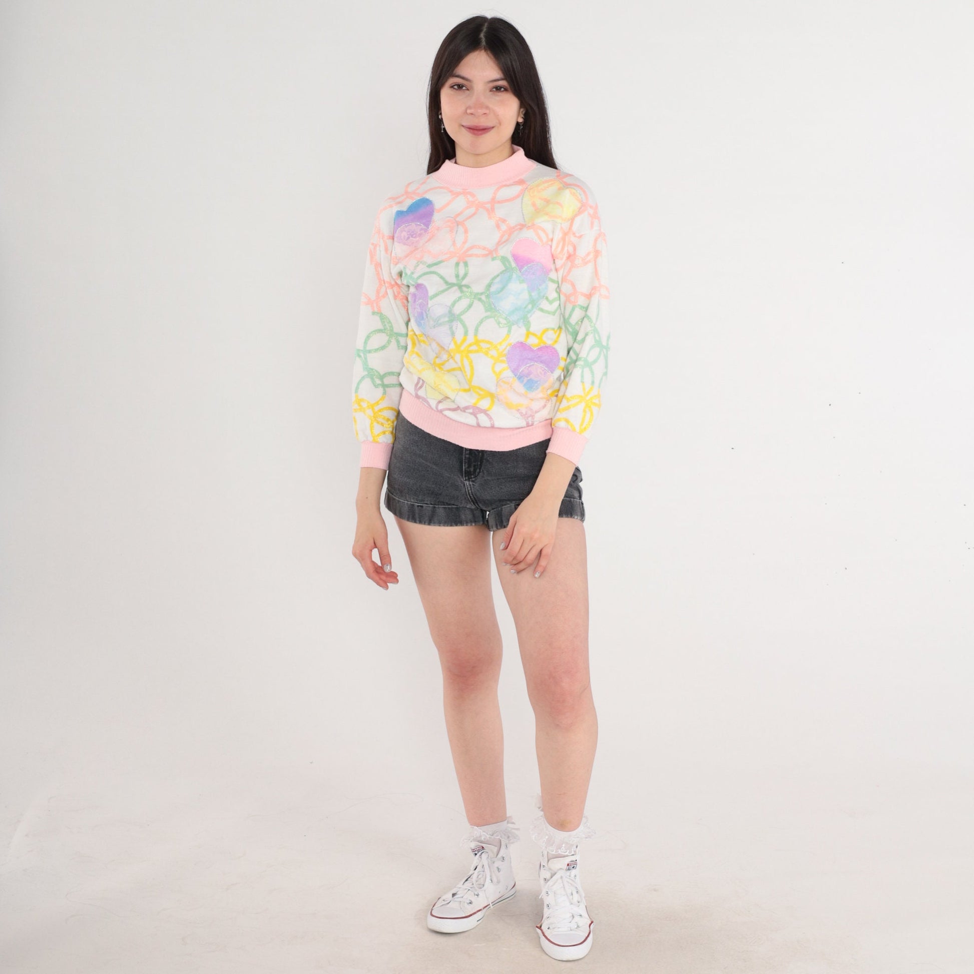 90s Glitter Heart Mock Neck Sweatshirt Floral Lace Patch White Pink Yellow Extra Small