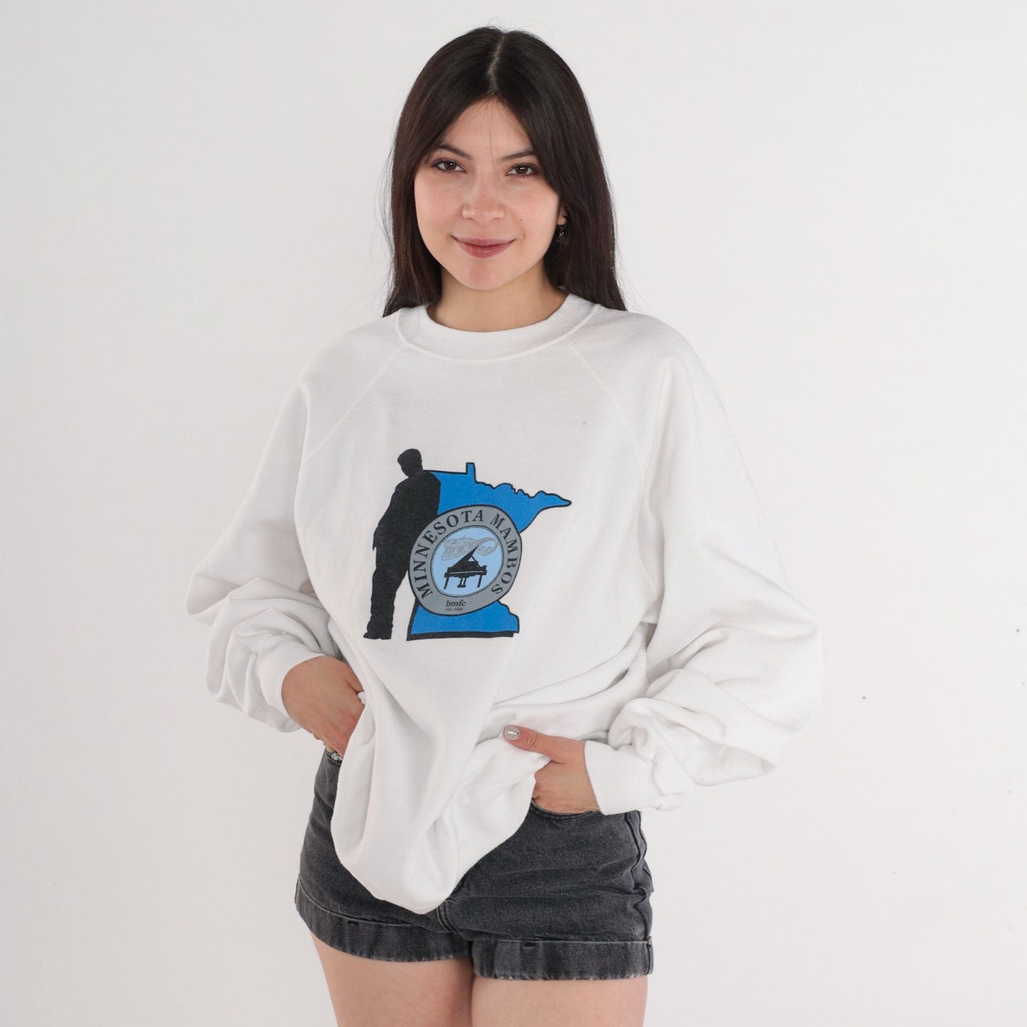 90s Minnesota Mambos Piano Club Graphic Sweatshirt White Raglan Extra Extra Large XXL