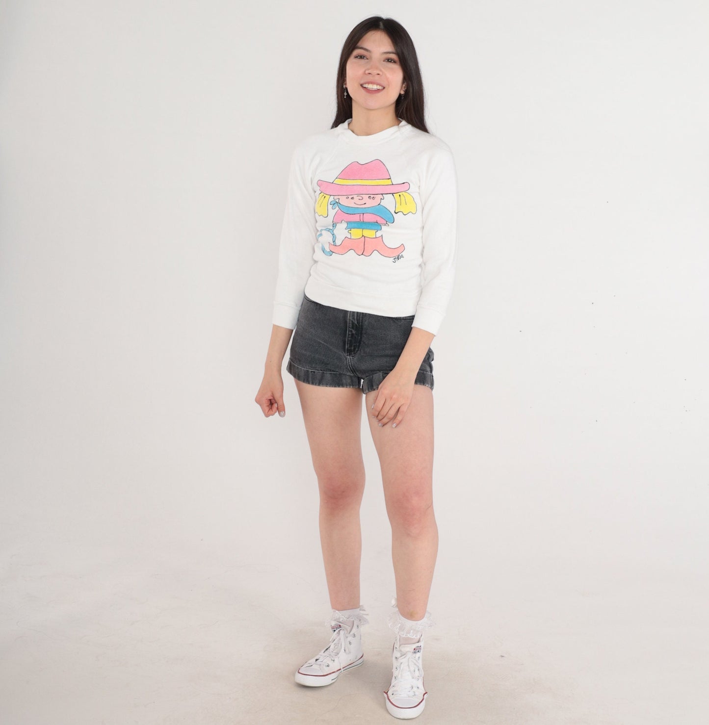90s Jerzees Cowgirl Cartoon Graphic Sweatshirt White Raglan XXS