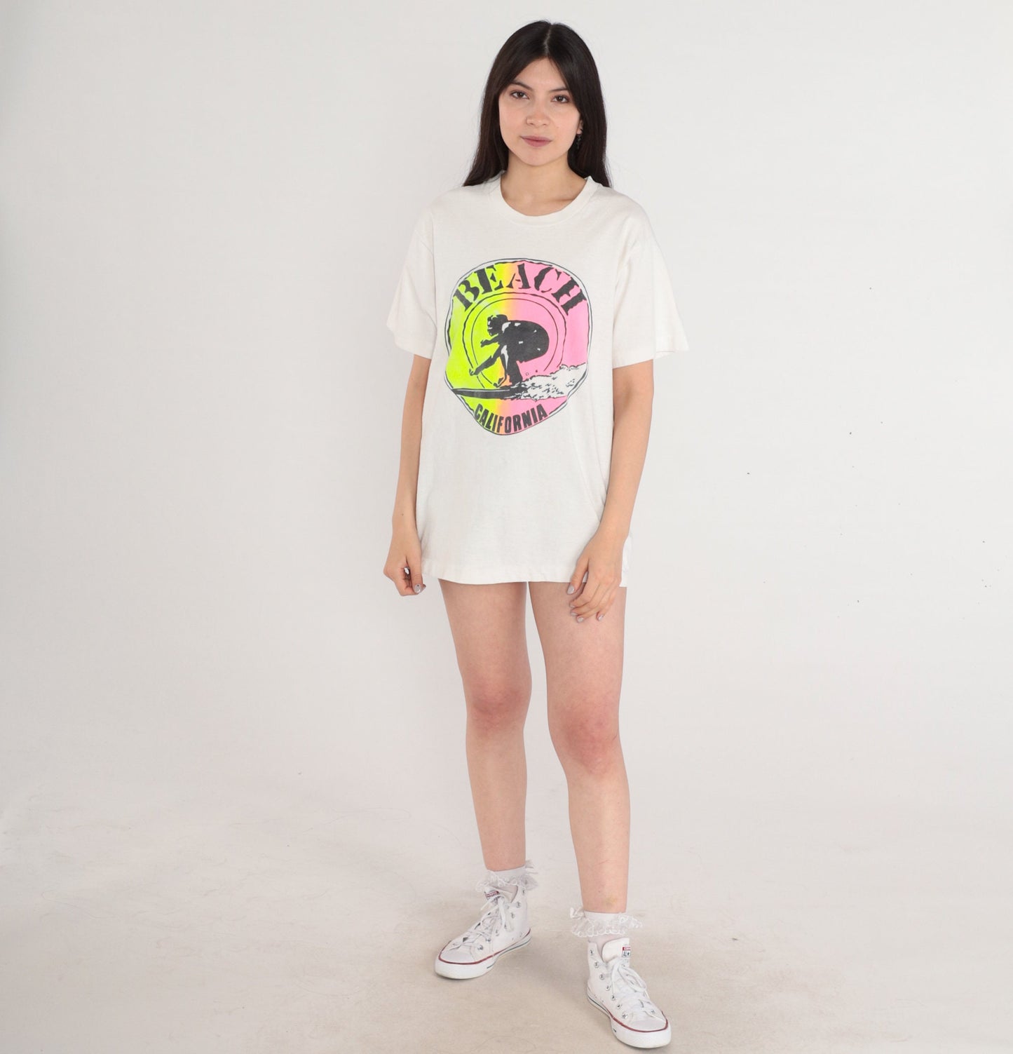 90s California Beach Surfer Graphic T-Shirt White Neon Single Stitch Large