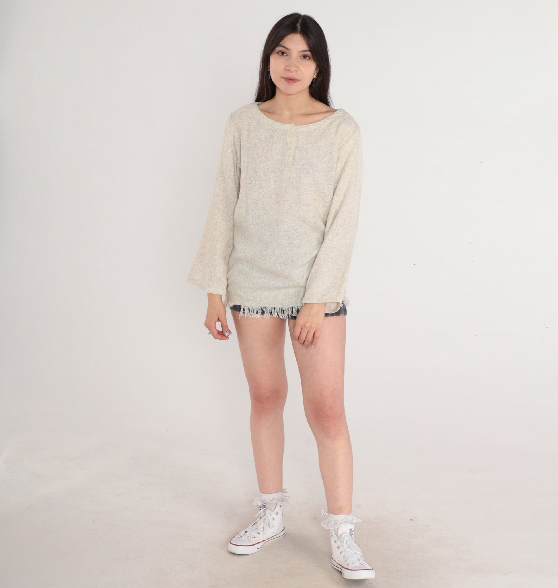 90s Jones New York Oatmeal Woven Henley Fringe Blouse Medium M