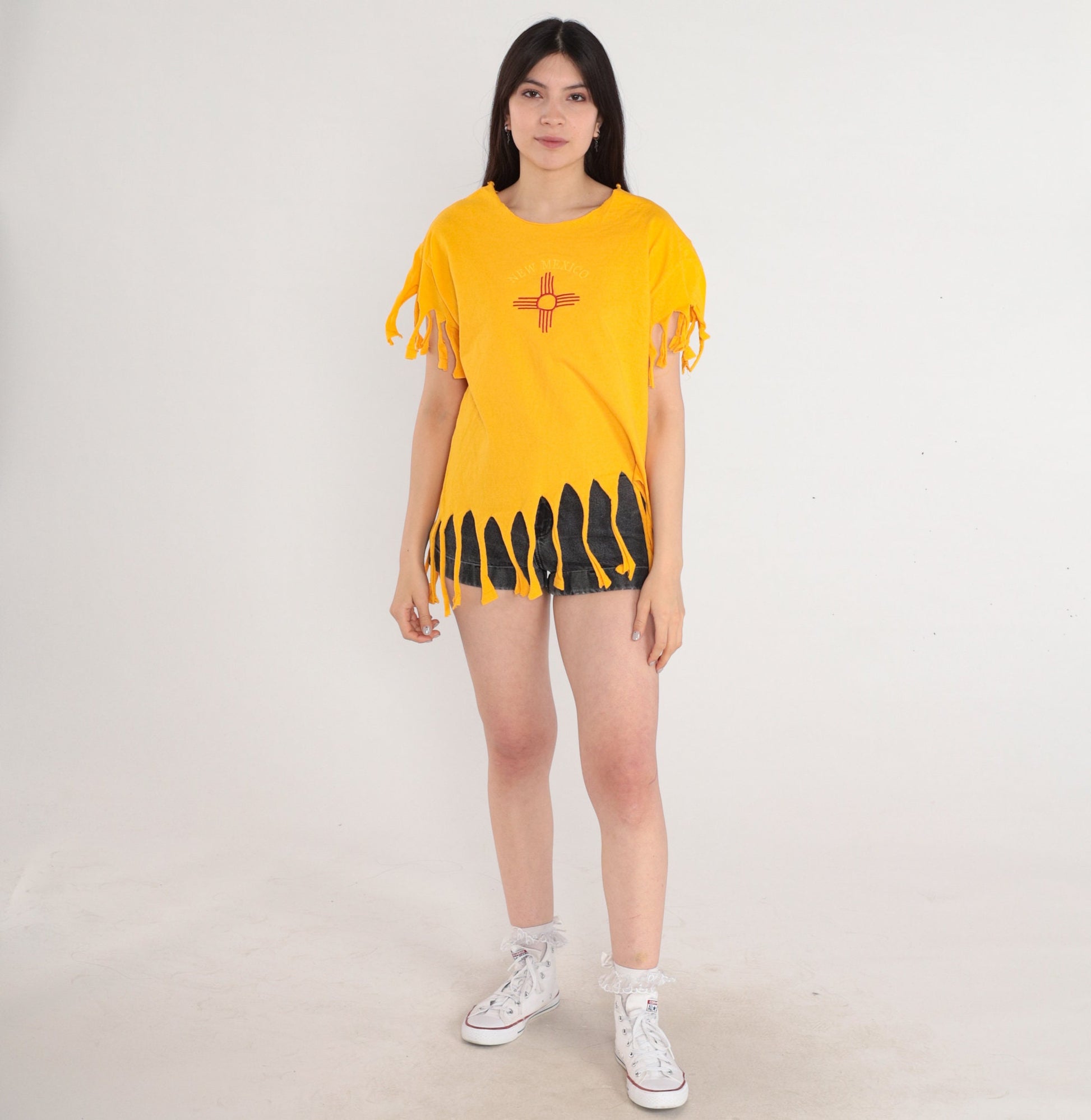 90s New Mexico Zia Graphic T-Shirt Yellow Fringe Trim Medium M