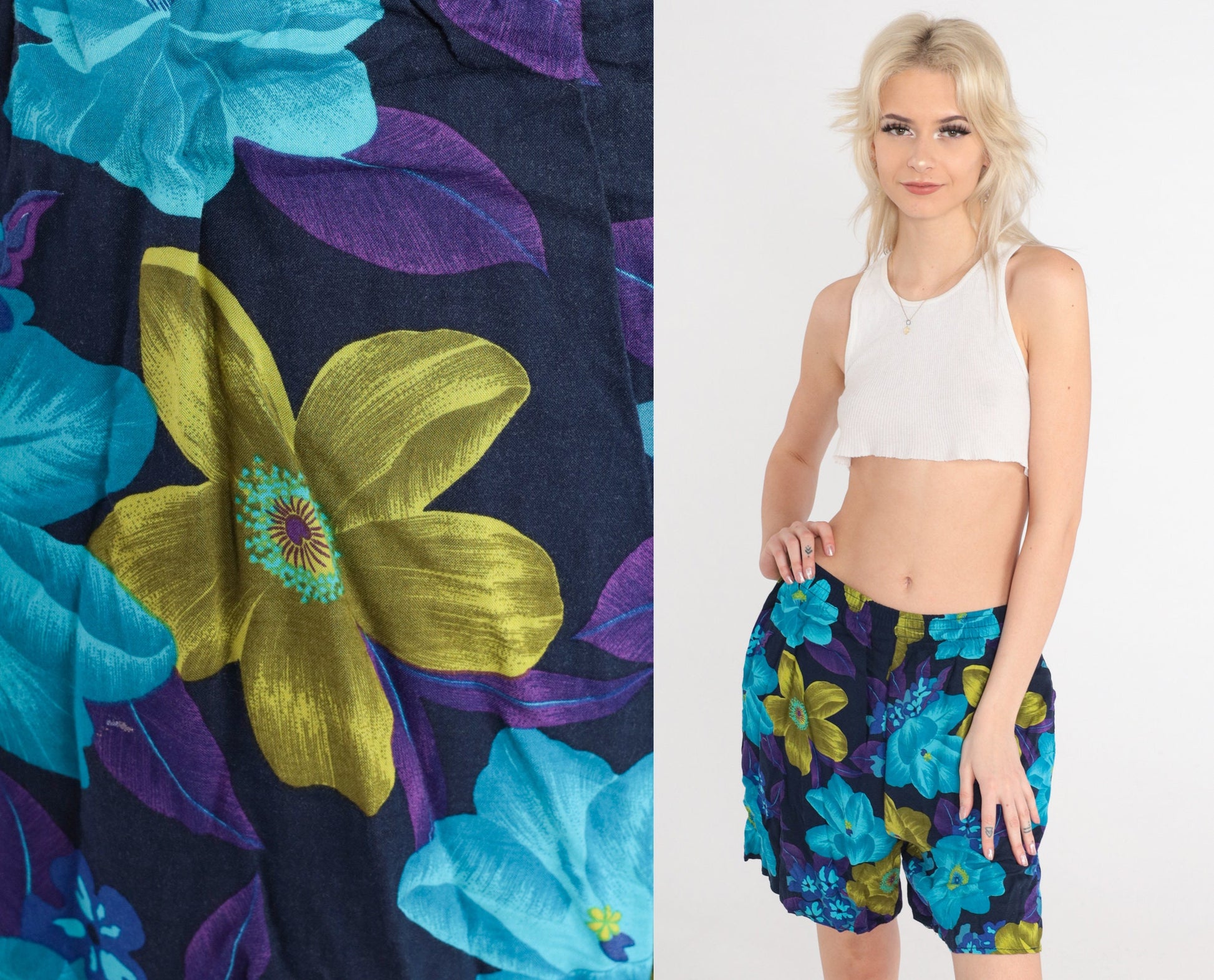 90s Tropical Floral Print Shorts High Elastic Waist Blue Purple Green Medium