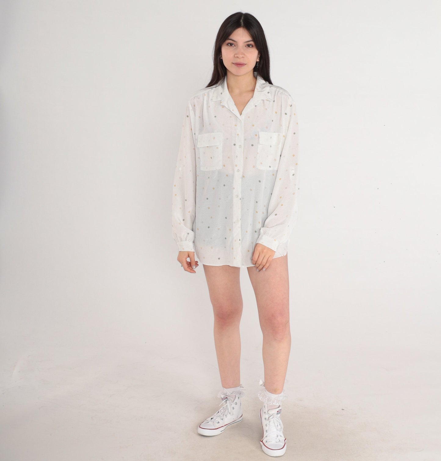 80s Polka Dot Button-Up Blouse White Semi-Sheer Long Sleeve Collared Shirt Extra Large XL