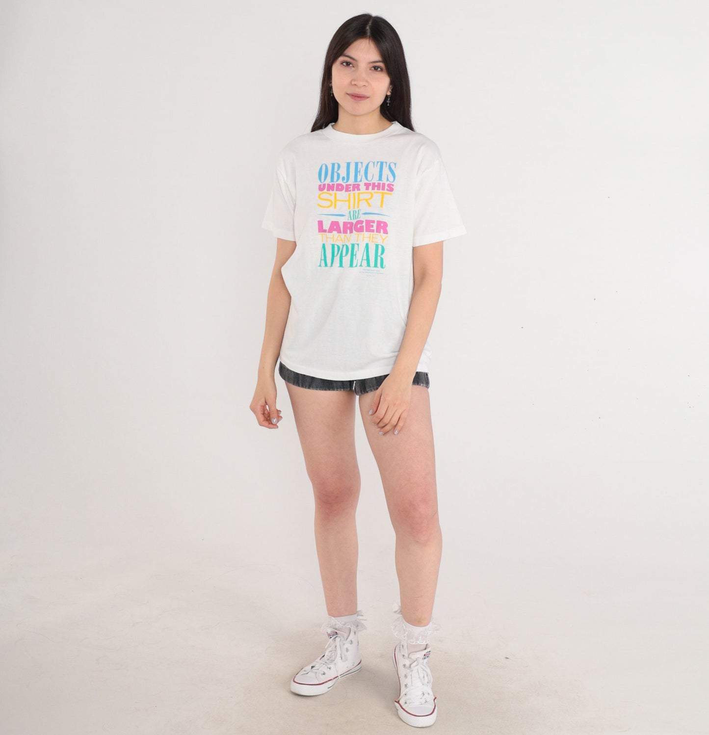 90s Objects Under This Shirt are Larger Than They Appear Graphic Tee White Small