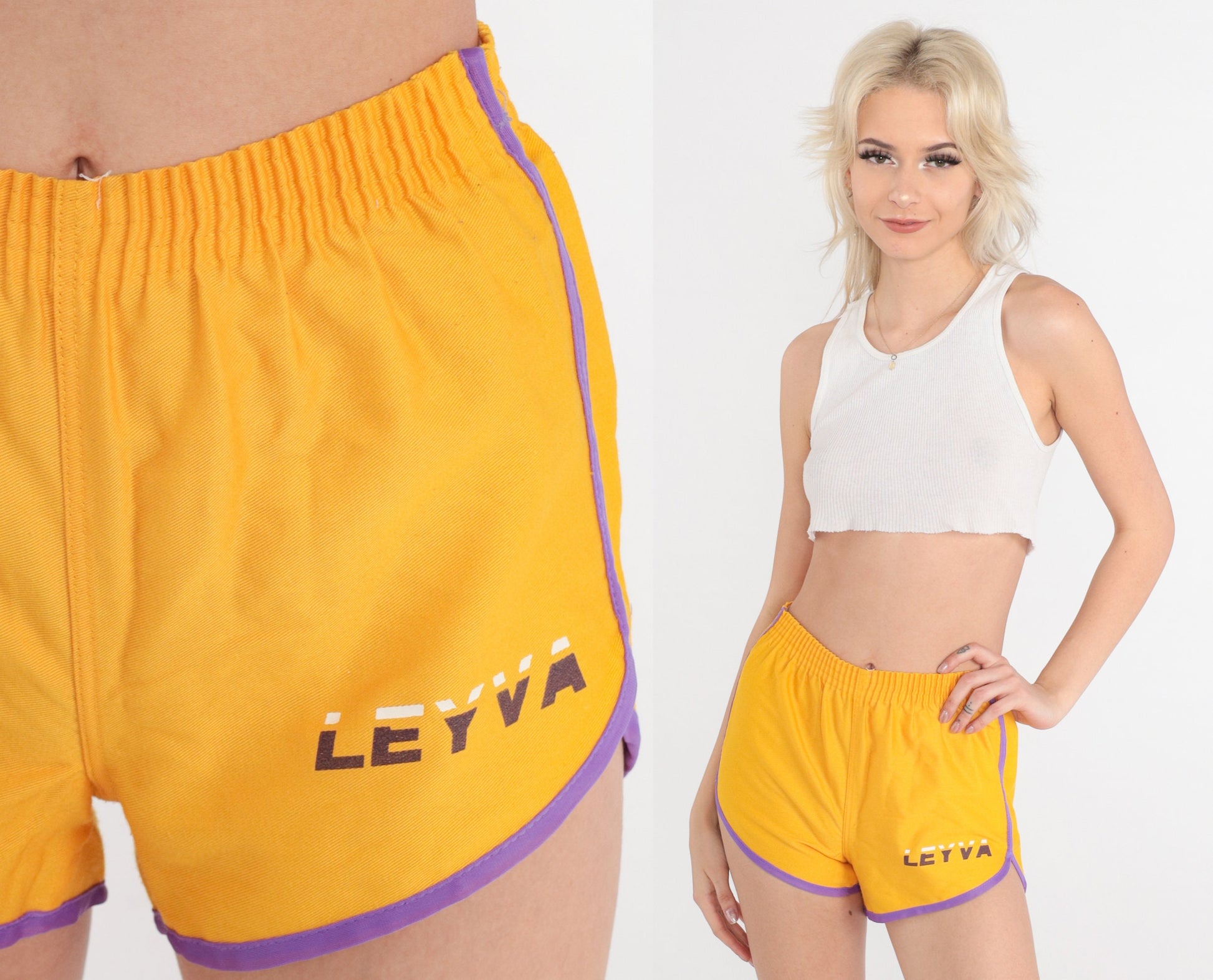 80s Leyva Yellow Dolphin Shorts Purple Ringer Trim Extra Small