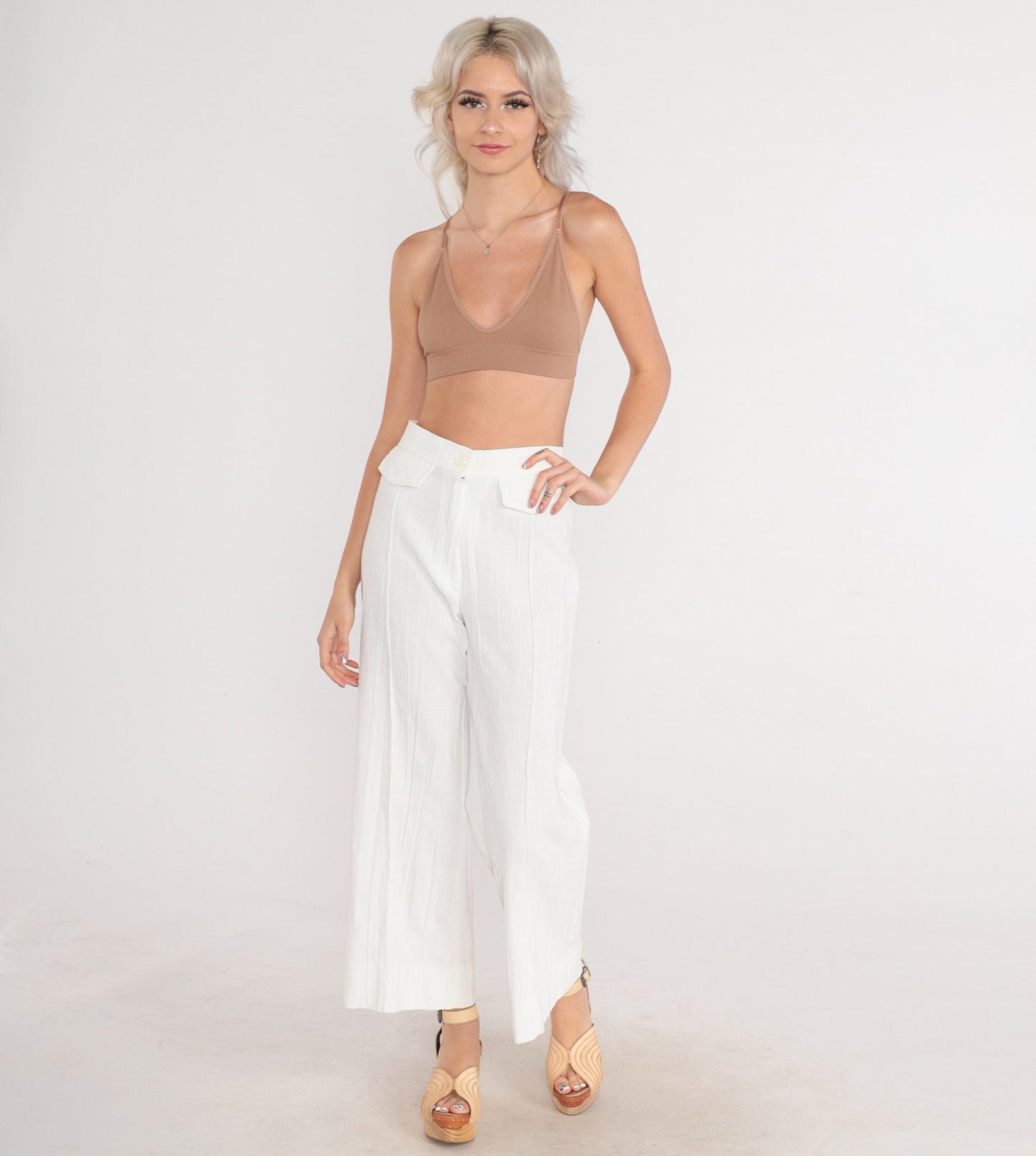 70s White Crinkled High-Rise Wide-Leg Trousers Pleated Straight Leg XS
