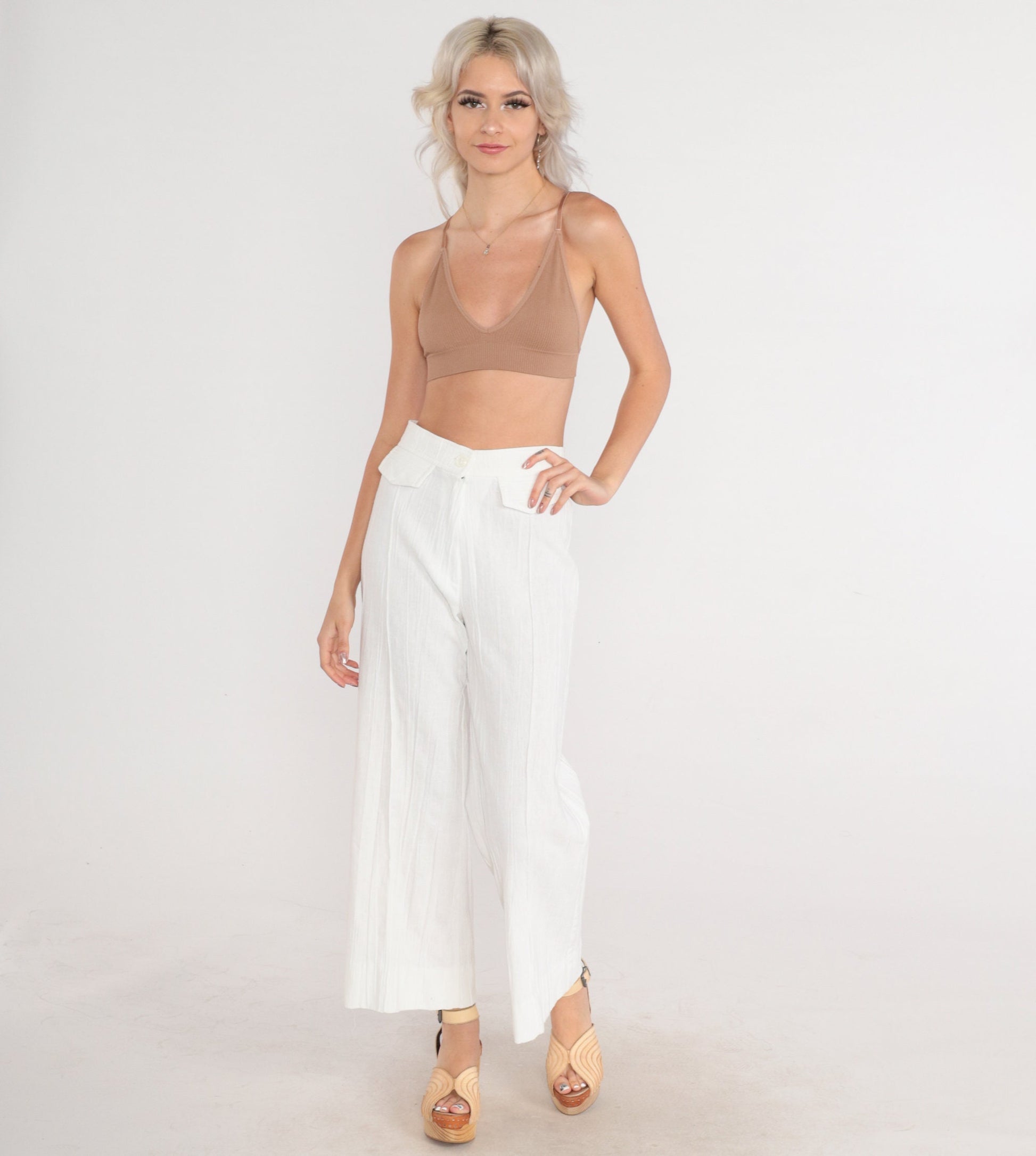 70s White Crinkled High-Rise Wide-Leg Trousers Pleated Straight Leg XS