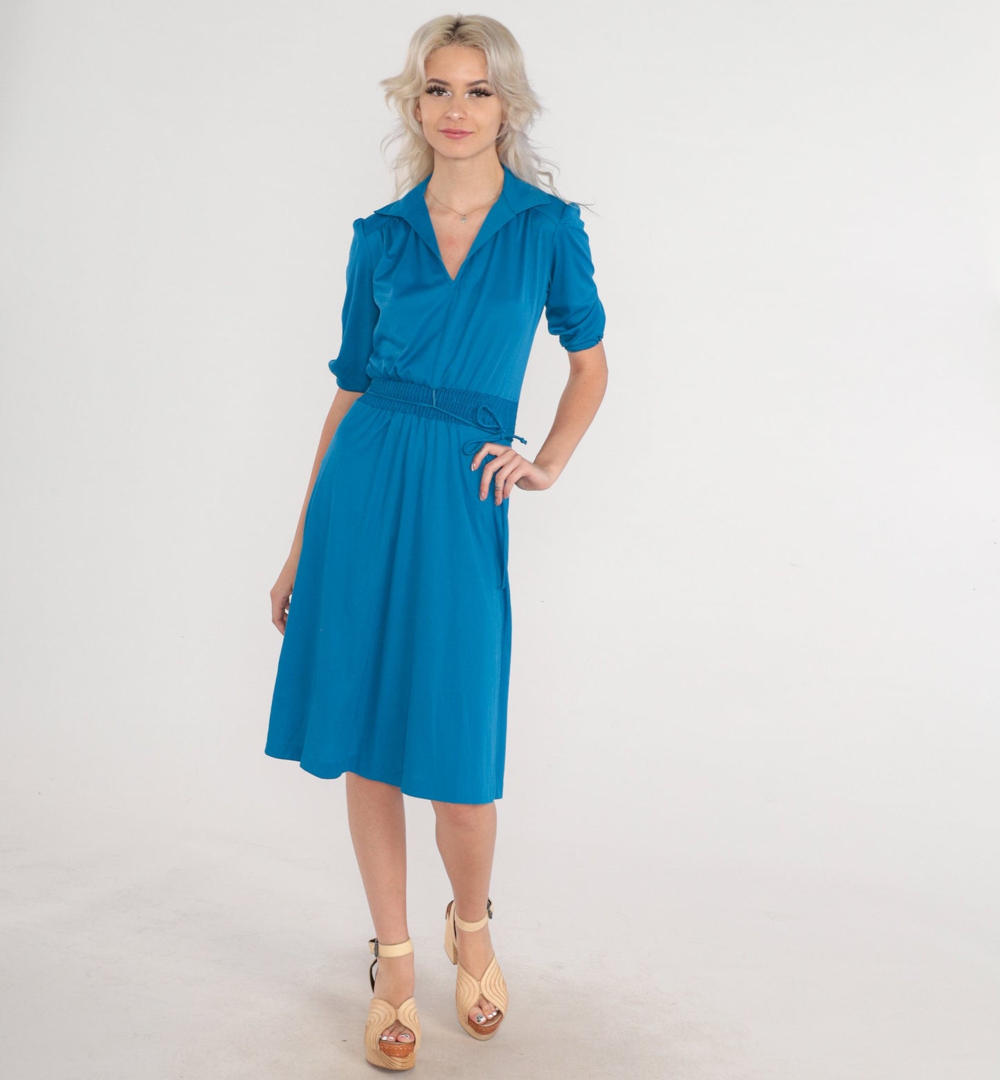 70s Blue Midi Dress Puff Sleeve High Waist Collared V-Neck Extra Small
