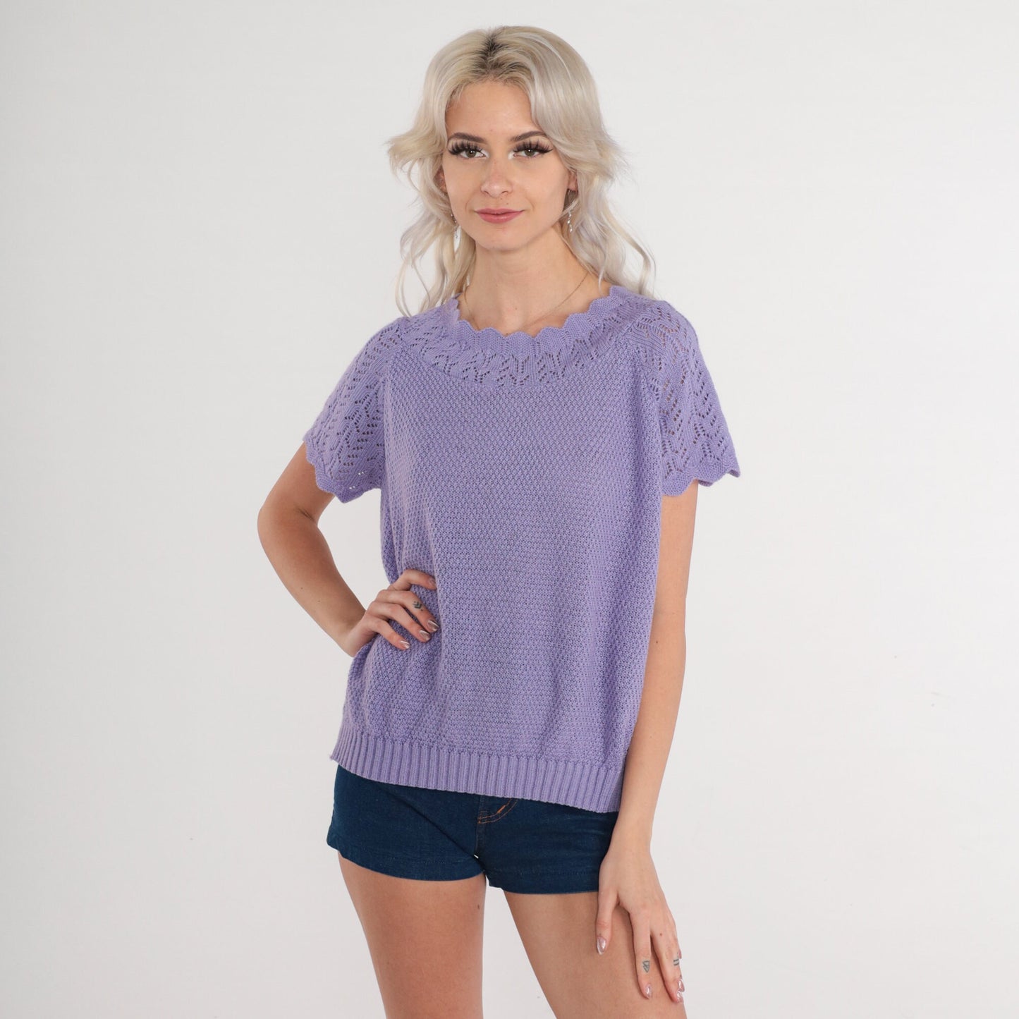 80s Purple Pointelle Knit Top Scalloped Short Sleeve Blouse Medium