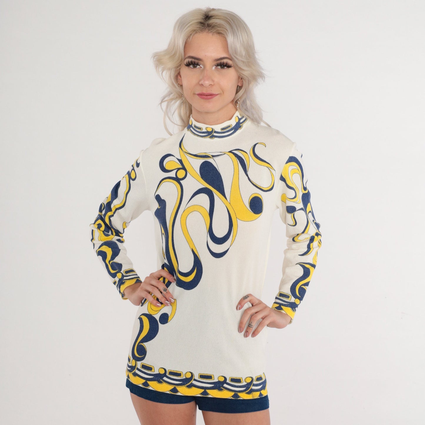 70s Psychedelic Swirl Print Mock Neck Blouse Long Sleeve White Small