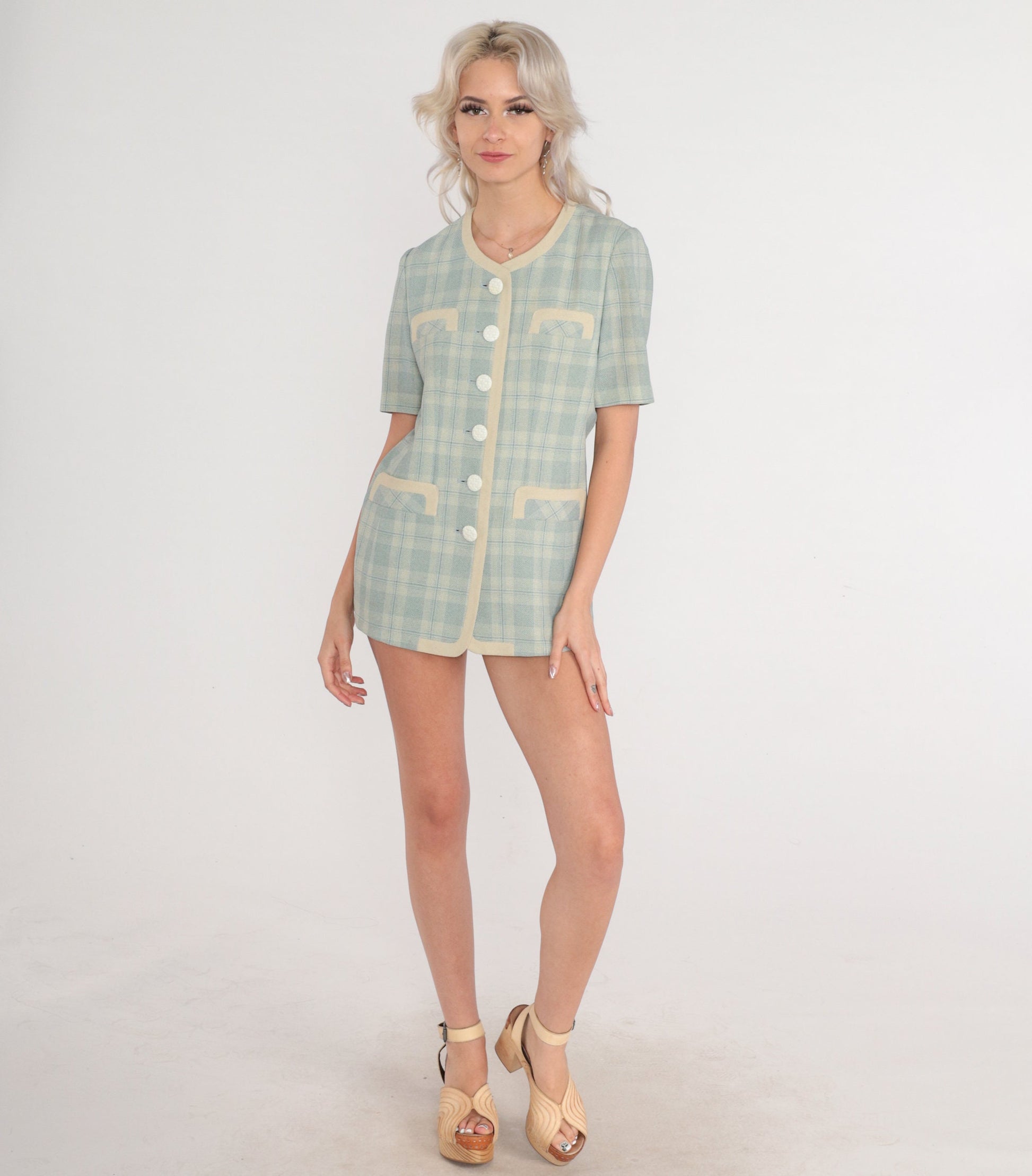 80s Blue Plaid Button-Up Blouse Beige Trim Short Sleeve Extra Small XS