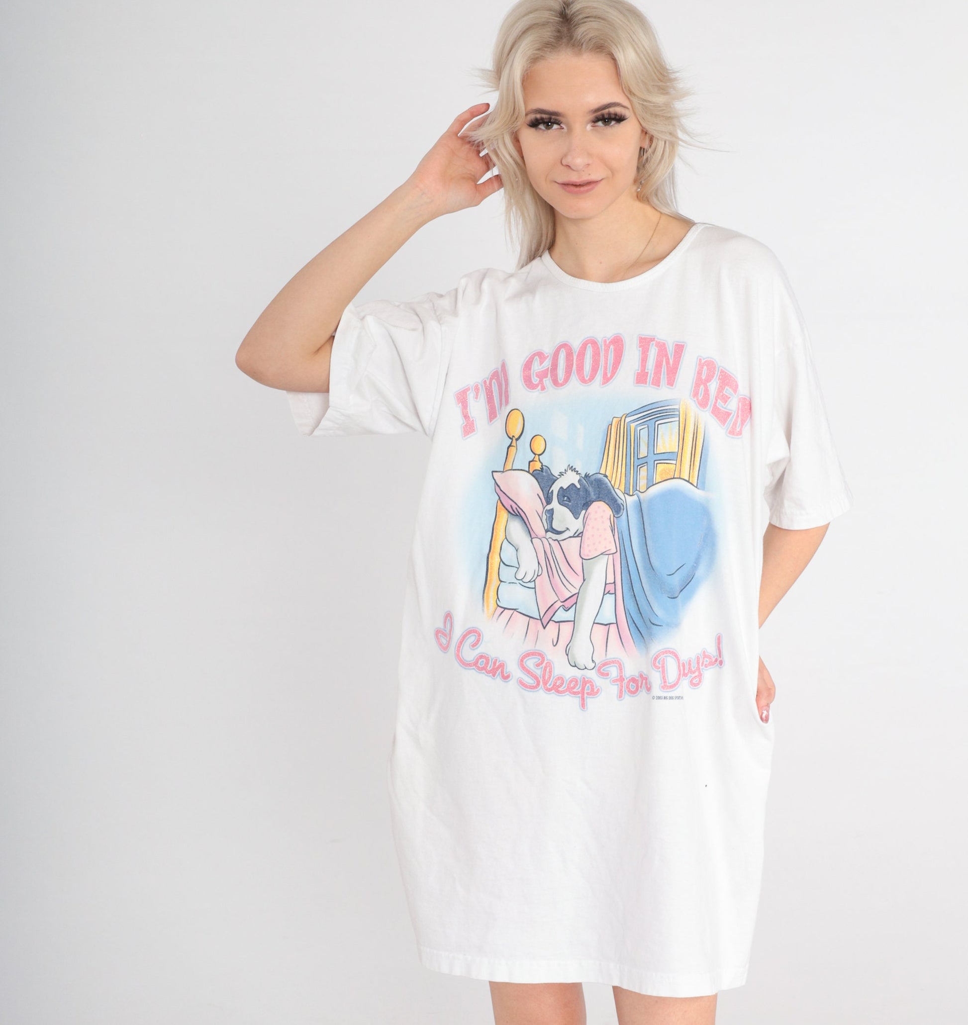 Y2K Big Dogs Pajama Dress 'I'm Good in Bed' Graphic Tee Mini Cotton Small