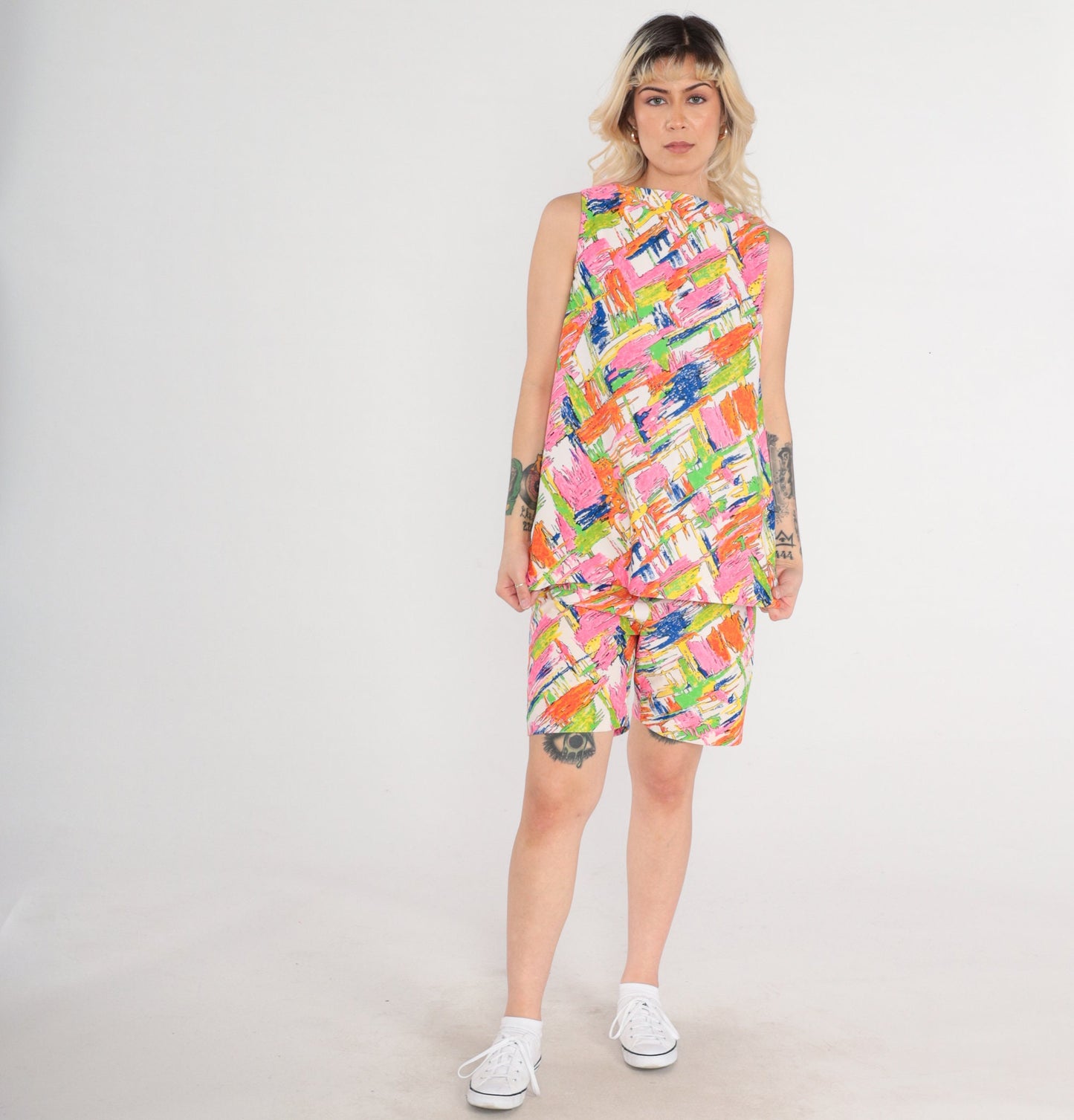 70s Abstract Print Tank Top & Shorts Two Piece Set Psychedelic Small