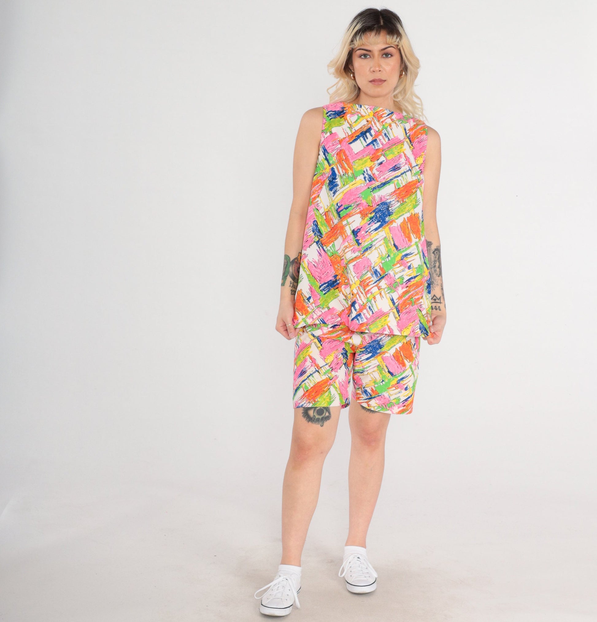 70s Abstract Print Tank Top & Shorts Two Piece Set Psychedelic Small