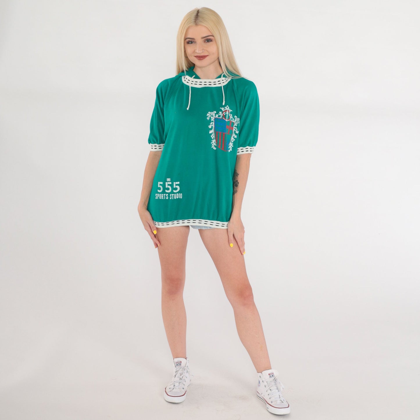 90s 555 Sports Studio Hooded T-Shirt Green Ringer Crest Graphic Large