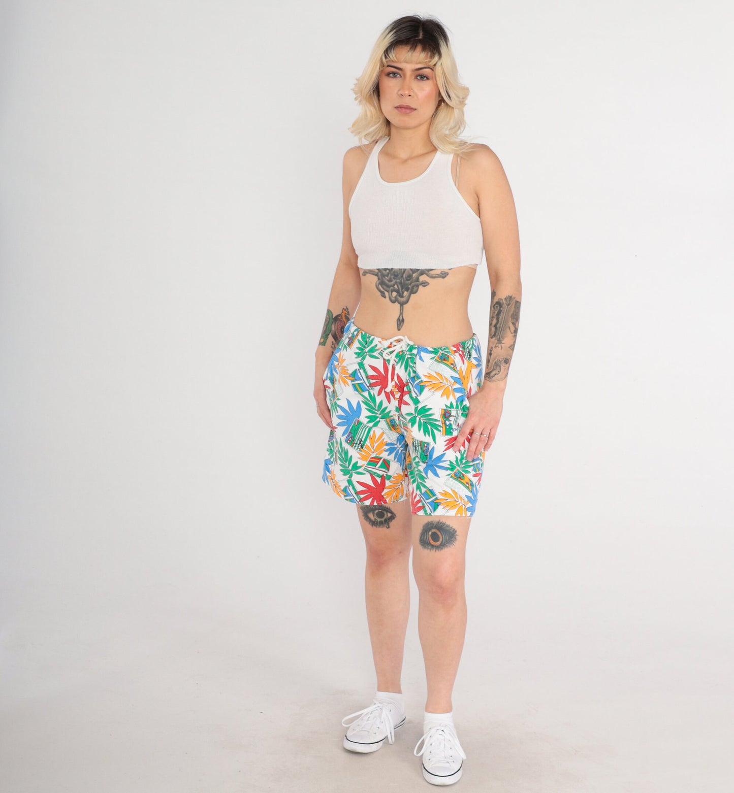 90s Tropical Leaf Boat Print Cotton Shorts High Waist Drawstring White Medium