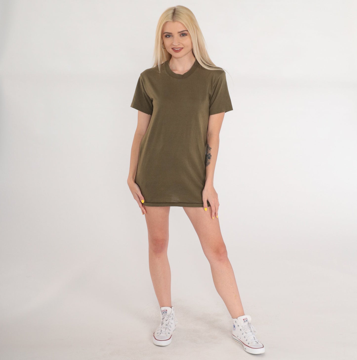 80s Olive Brown Crewneck T-Shirt Single Stitch Plain Tee Small S