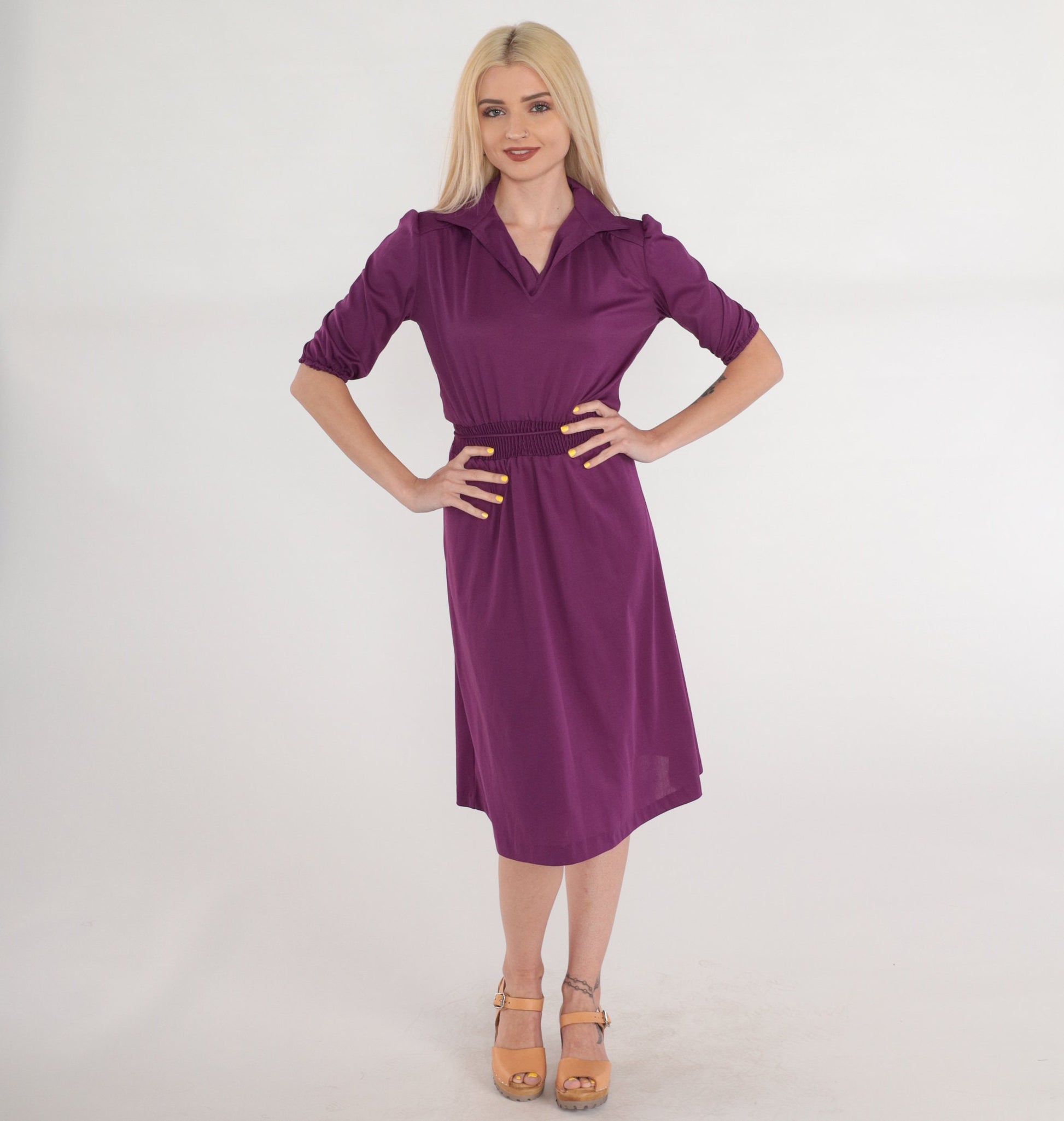 70s Purple Midi Dress Puff Sleeve Collared V-Neck Smocked Waist XS